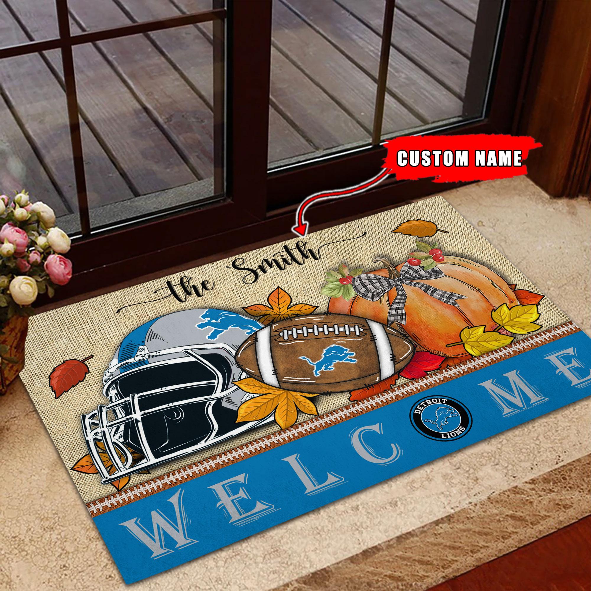 NFL11-Detroit Lions Welcome Fall Football Doormat – Custom name
