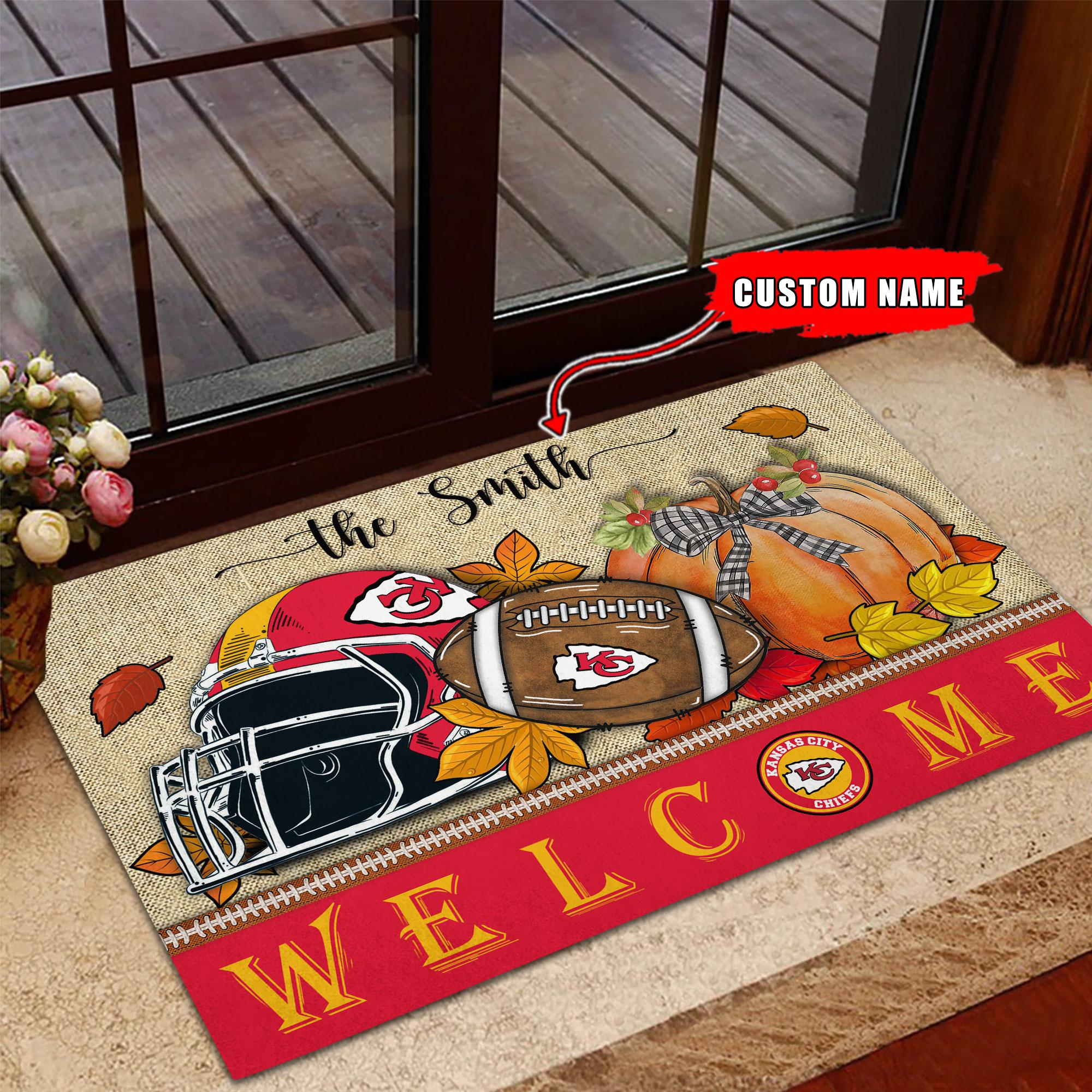 NFL16-Kansas City Chiefs Welcome Fall Football Doormat – Custom name