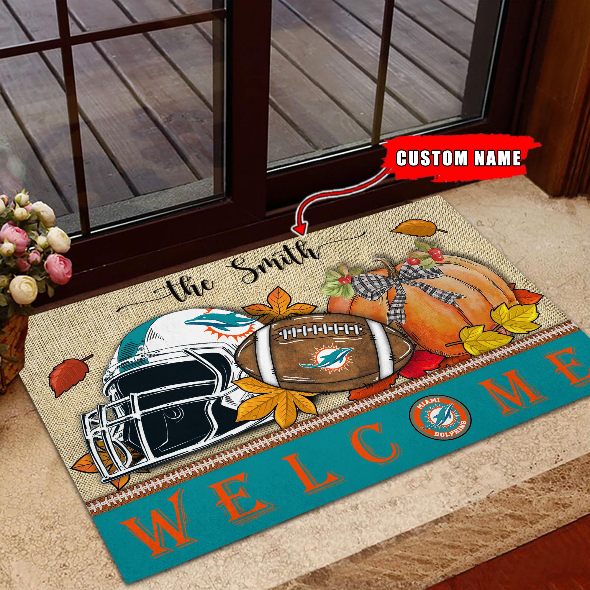 NFL17-Miami Dolphins Welcome Fall Football Doormat – Custom name