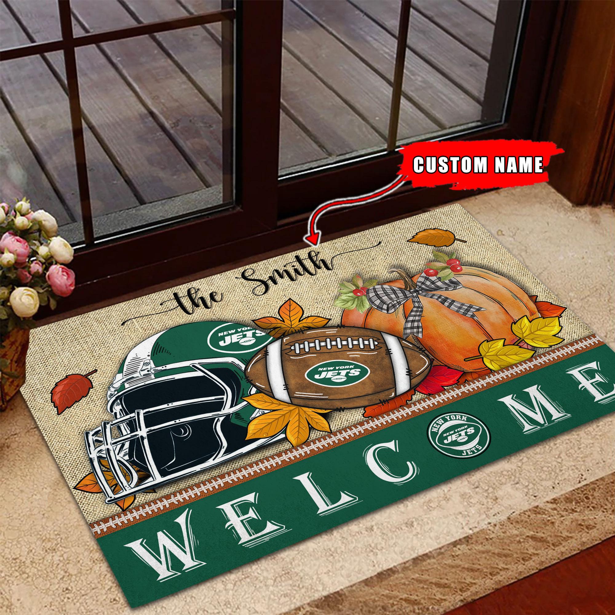 NFL22-New York Jets Welcome Fall Football Doormat – Custom name