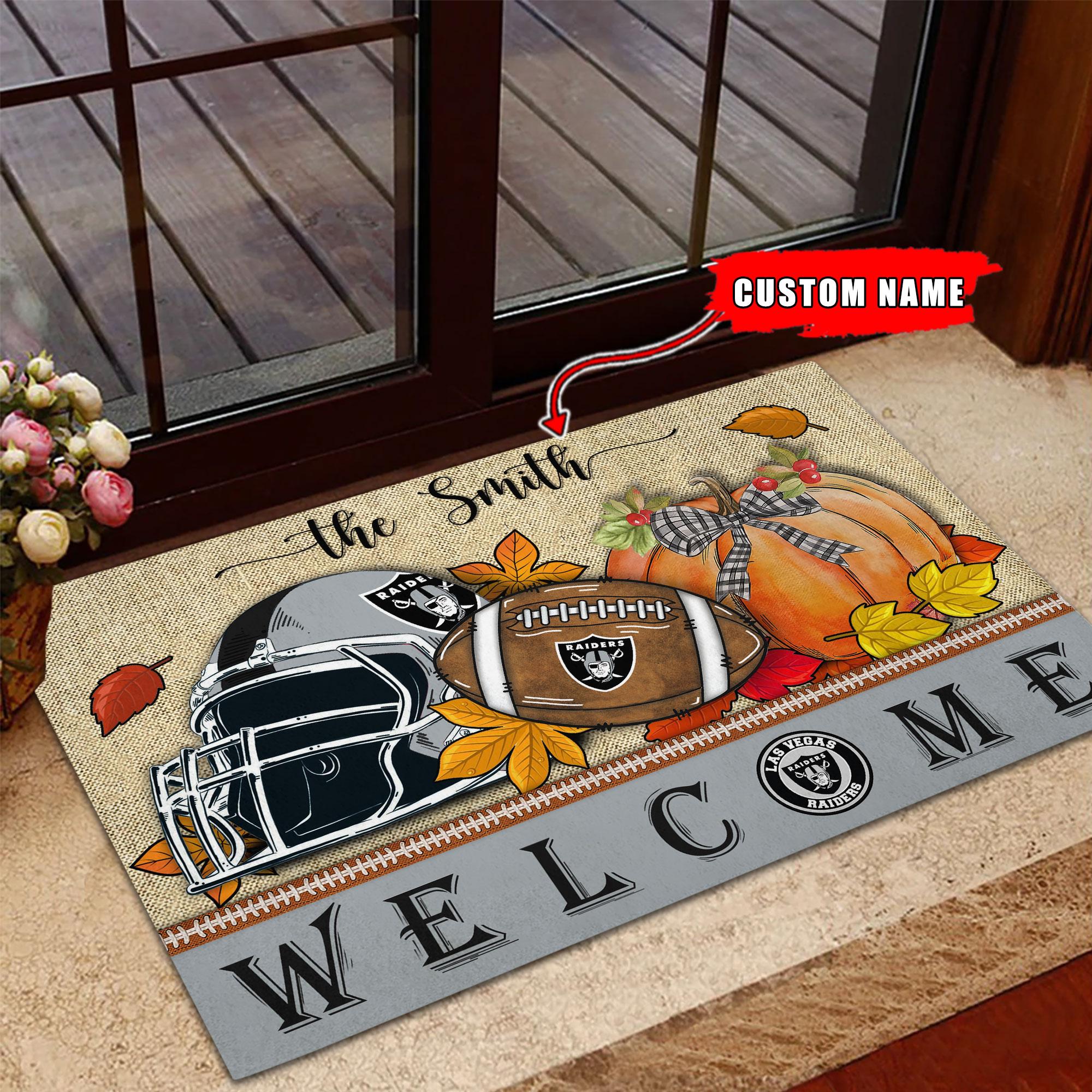 NFL23-Las Vegas Raiders Welcome Fall Football Doormat – Custom name