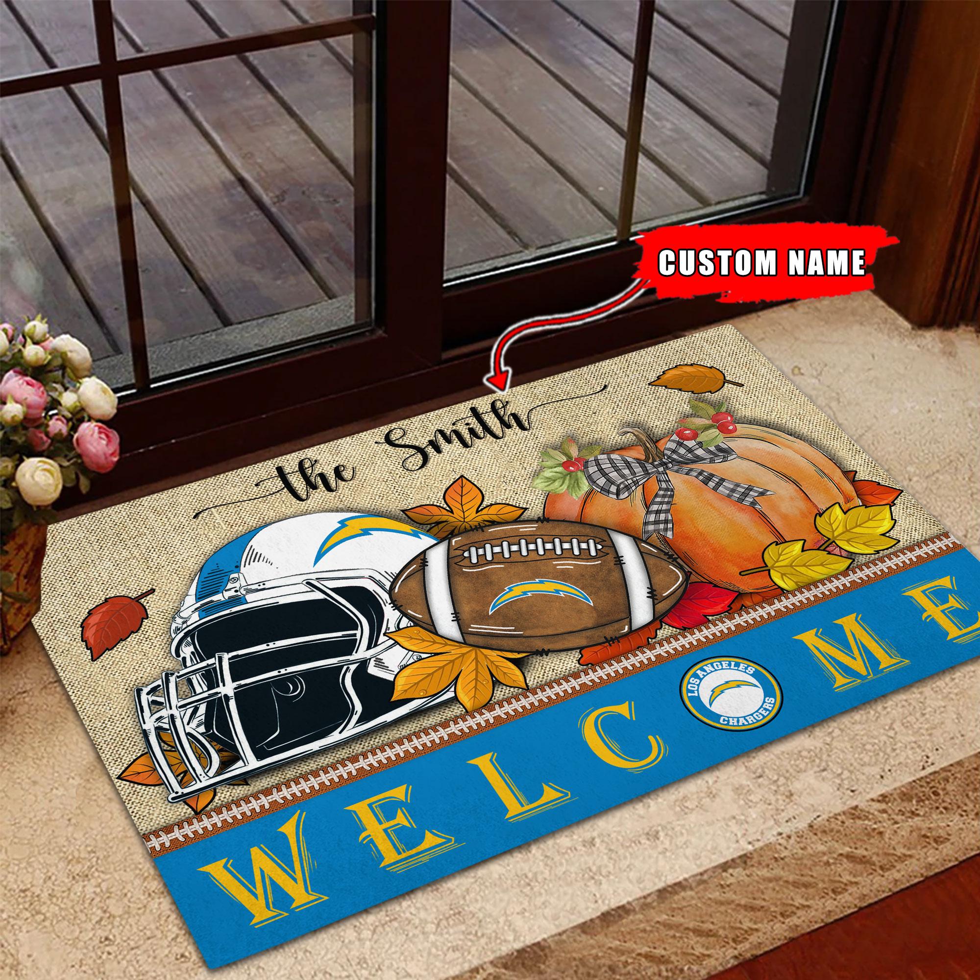NFL27-Los Angeles Chargers Welcome Fall Football Doormat – Custom name