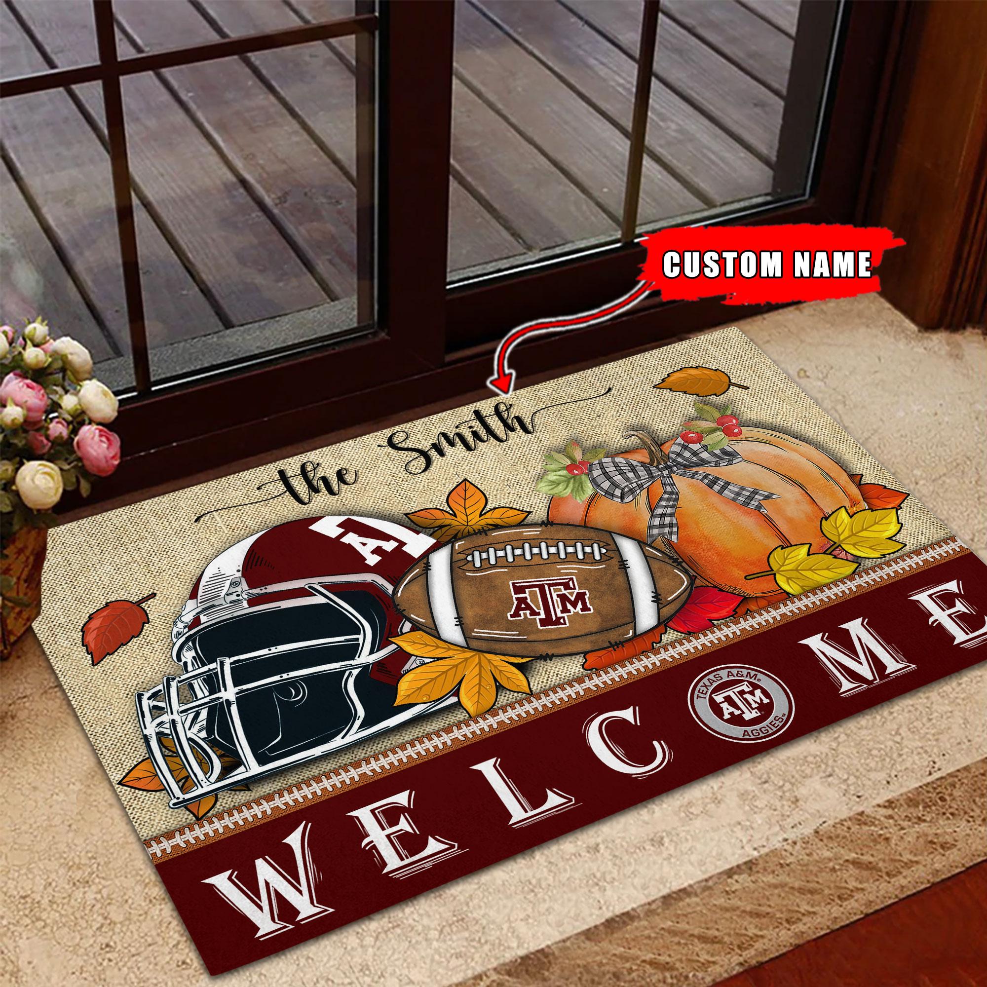 NCAA31-Texas A&M Aggies Welcome Fall Football Doormat – Custom name