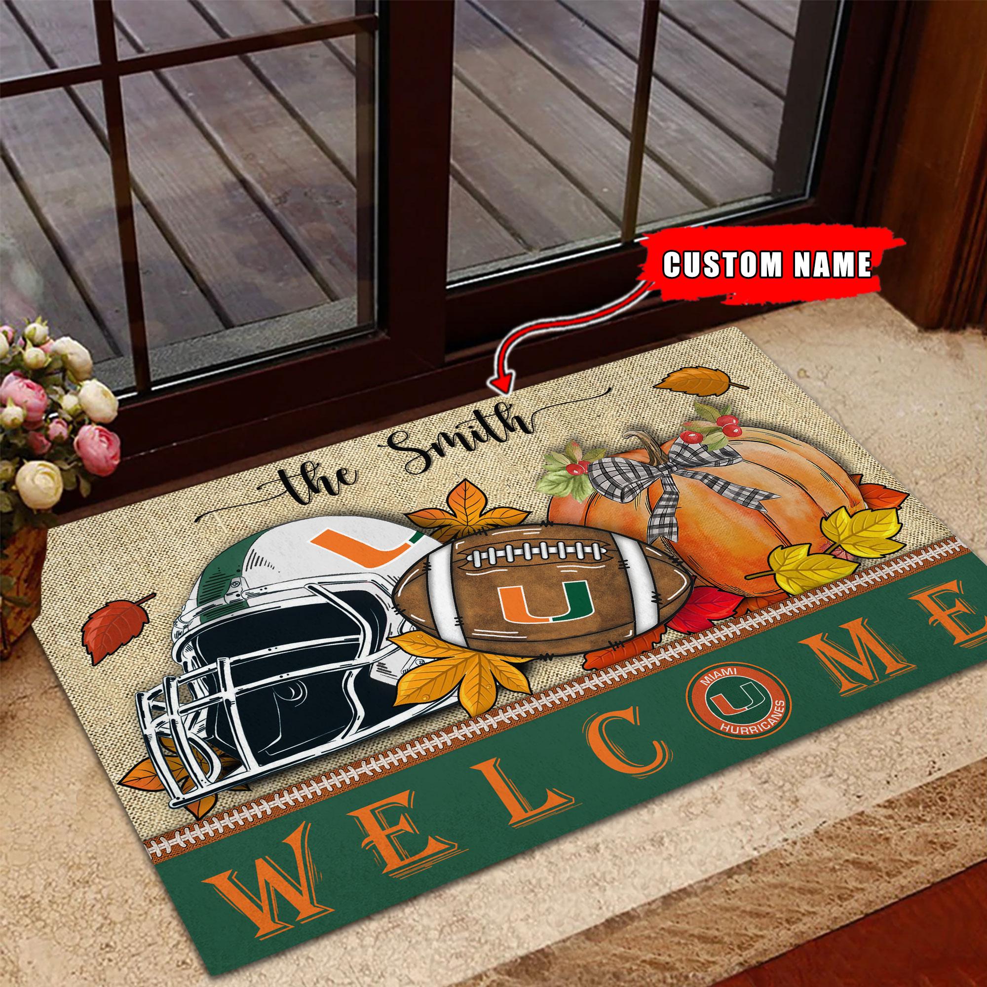 NCAA36-Miami Hurricanes Welcome Fall Football Doormat – Custom name
