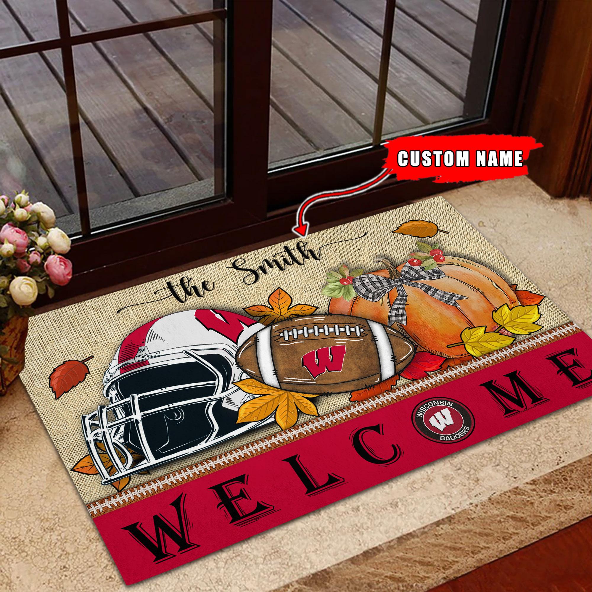 NCAA37-Wisconsin Badgers Welcome Fall Football Doormat – Custom name