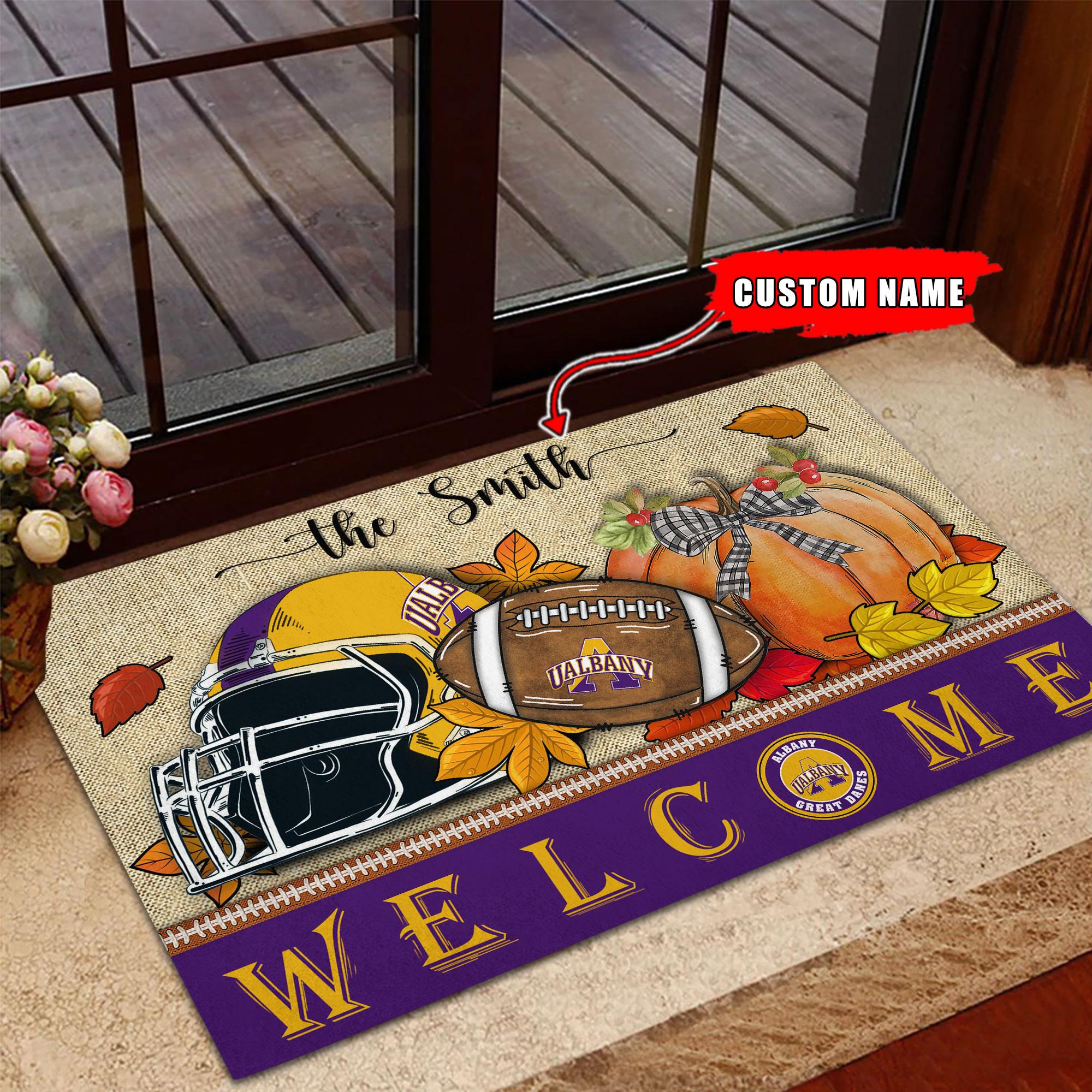NCAA38-Albany Great Danes Welcome Fall Football Doormat – Custom name