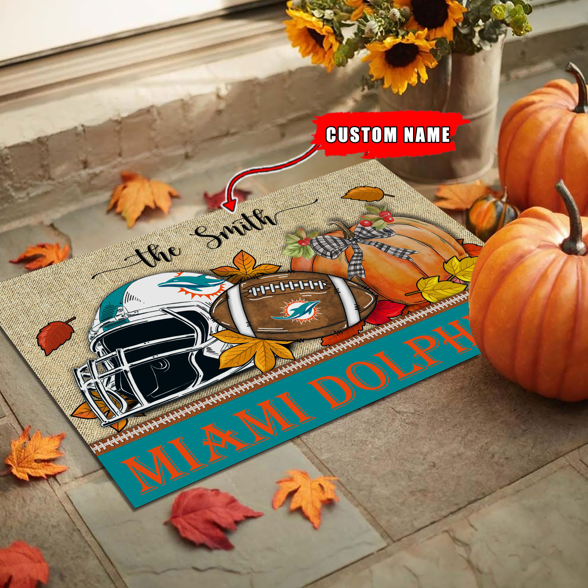 NFL17-Miami Dolphins Fall Football Doormat – Custom name