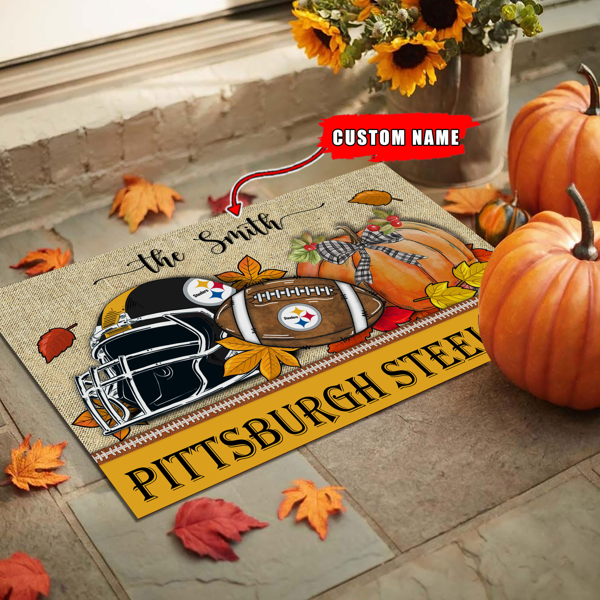NFL25-Pittsburgh Steelers Fall Football Doormat – Custom name