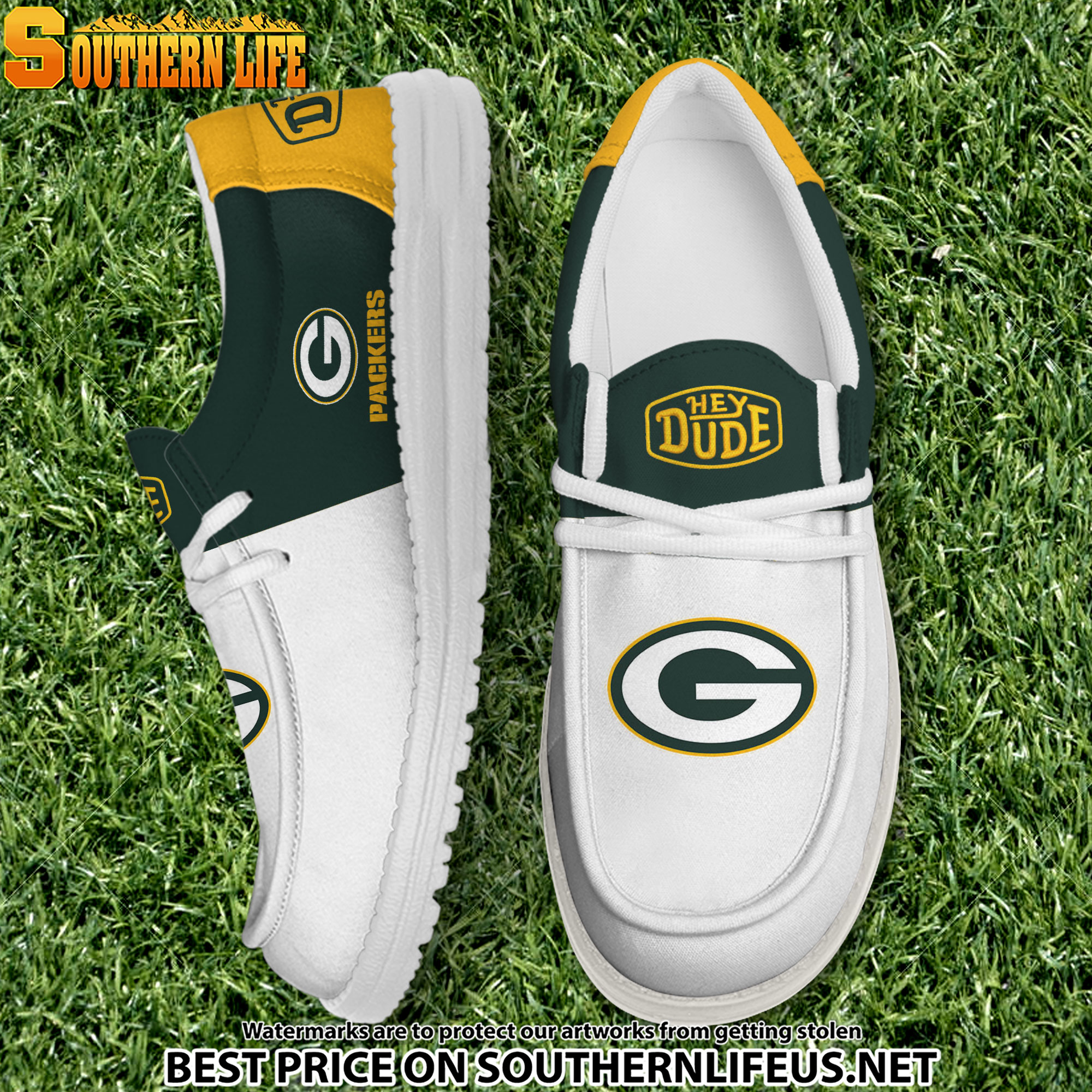 12 Green Bay Packers Football White Hey Dude Canvas Loafer Shoes