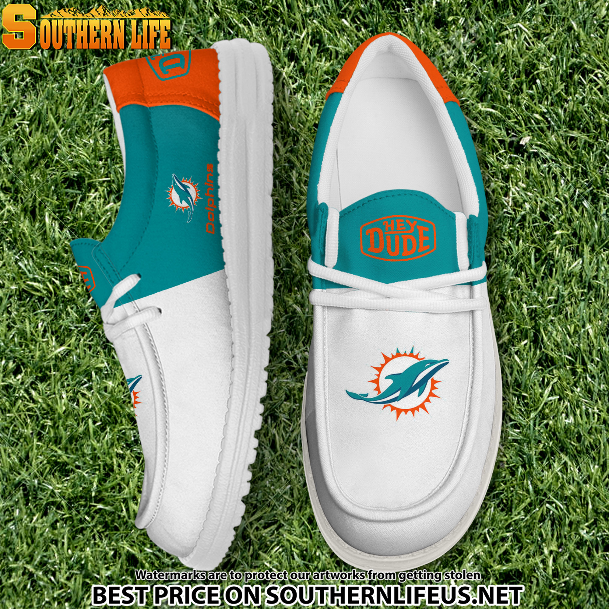 10 Miami Dolphins Football White Hey Dude Canvas Loafer Shoes