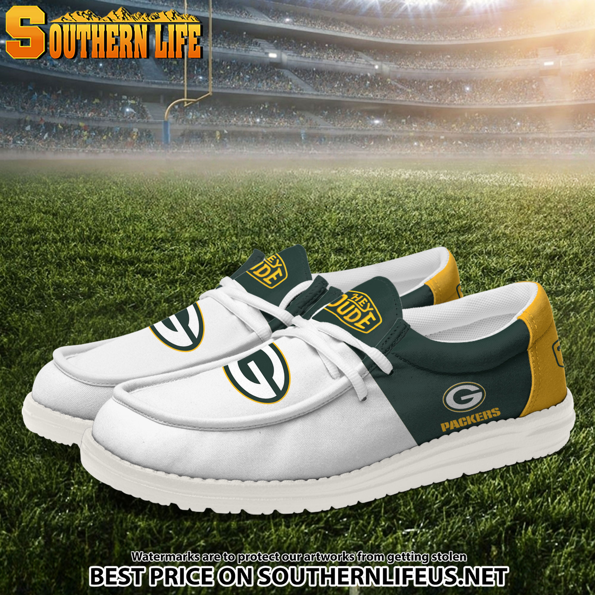 12 Green Bay Packers Football White Hey Dude Canvas Loafer Shoes - Image 2