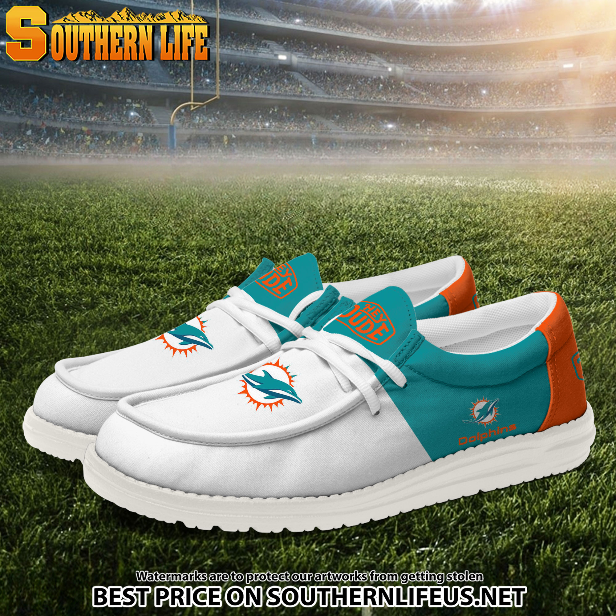10 Miami Dolphins Football White Hey Dude Canvas Loafer Shoes - Image 2