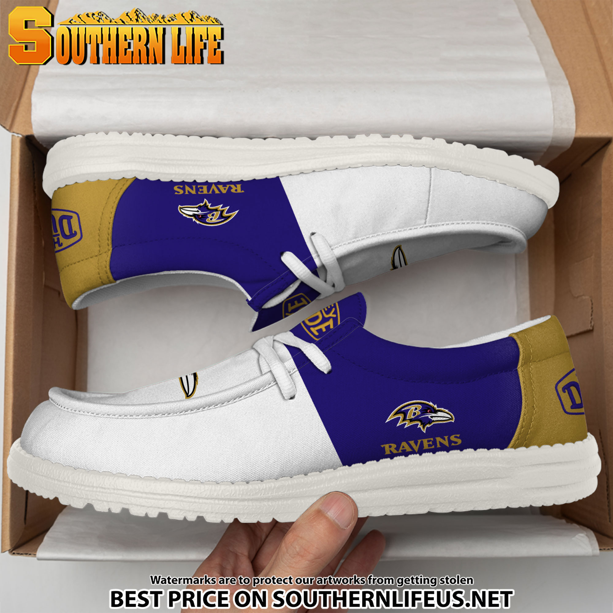 14 Baltimore Ravens Football White Hey Dude Canvas Loafer Shoes - Image 3