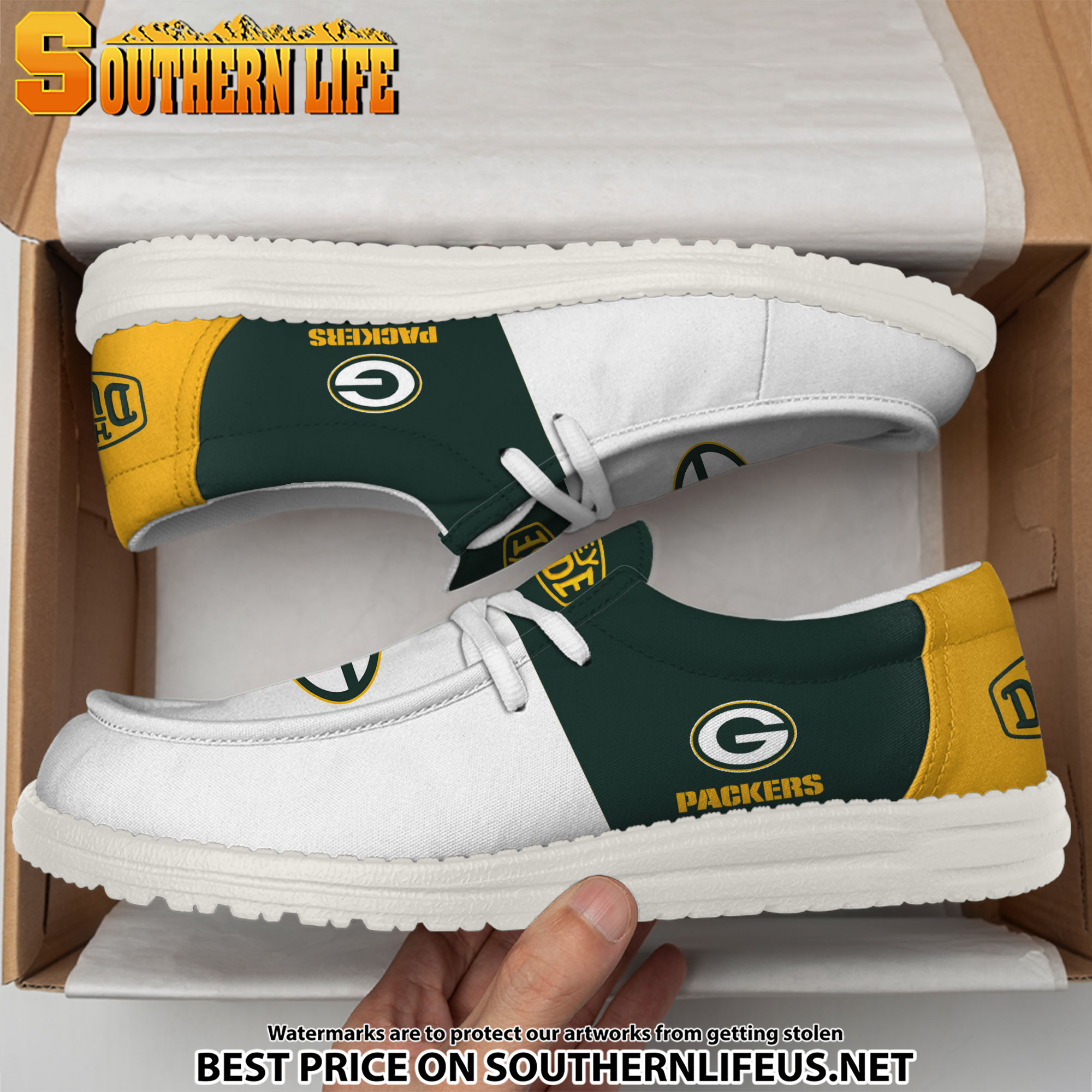 12 Green Bay Packers Football White Hey Dude Canvas Loafer Shoes - Image 3