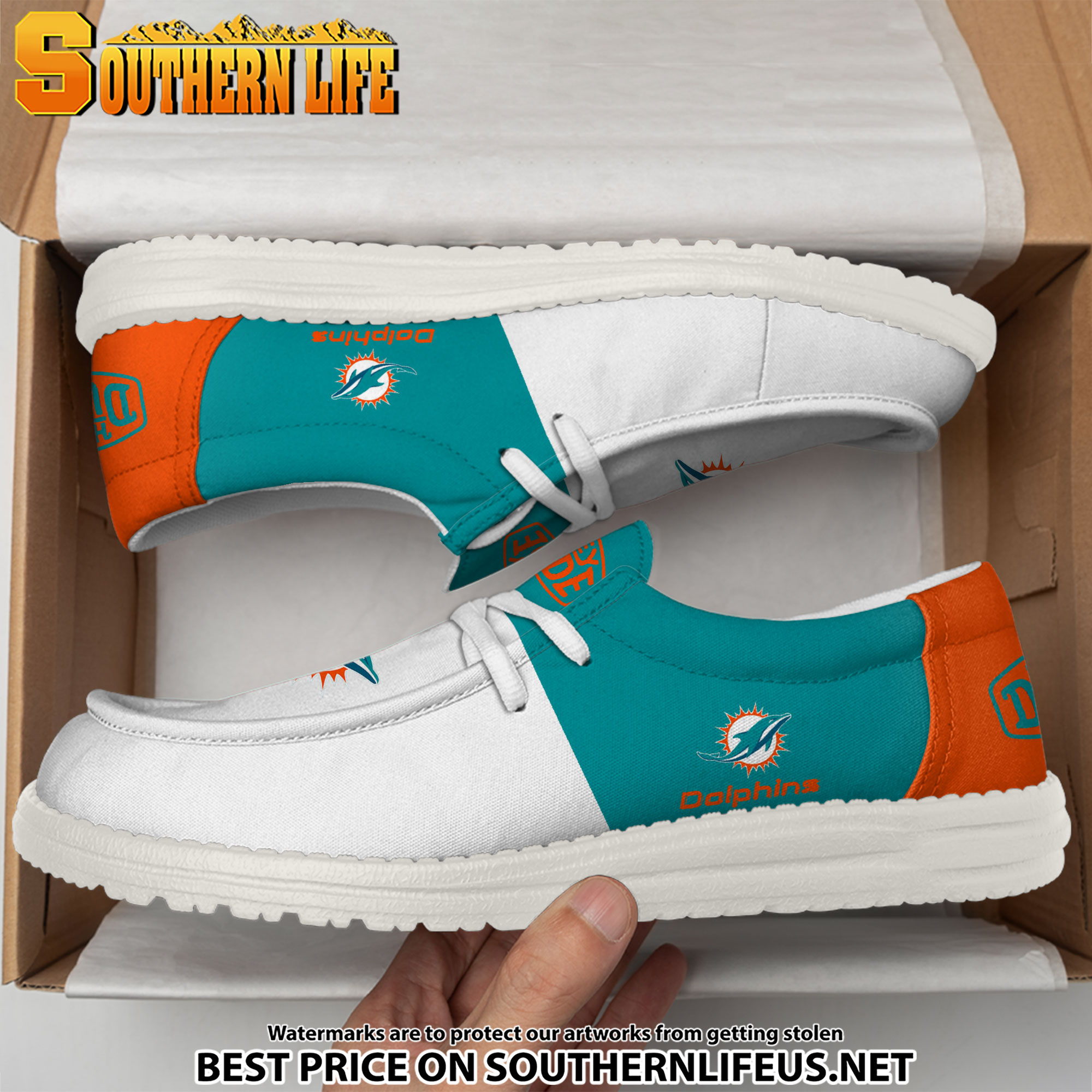 10 Miami Dolphins Football White Hey Dude Canvas Loafer Shoes - Image 3