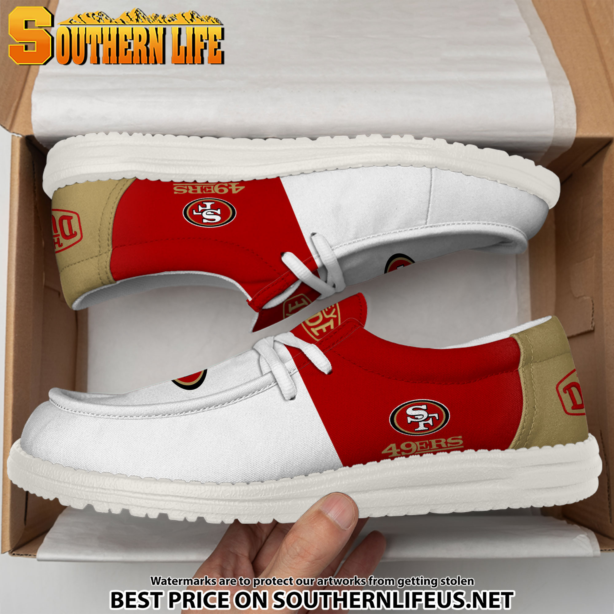 05 San Francisco 49ers Football White Hey Dude Canvas Loafer Shoes - Image 3