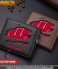 NCAA37 Wisconsin Badgers Men’s Leather Wallet Custom Name