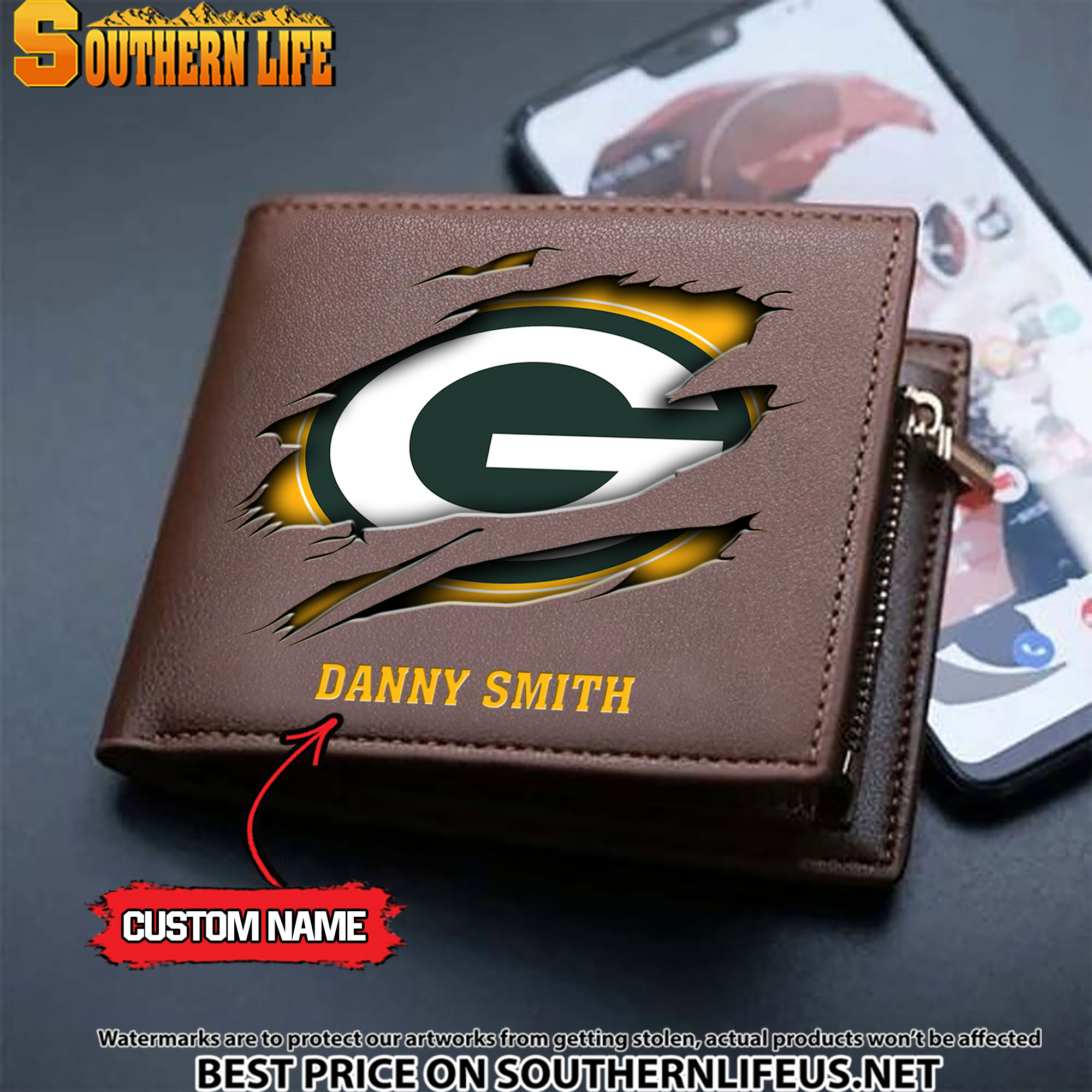 12 Green Bay Packers Men's Leather Wallet Custom Name - Image 3