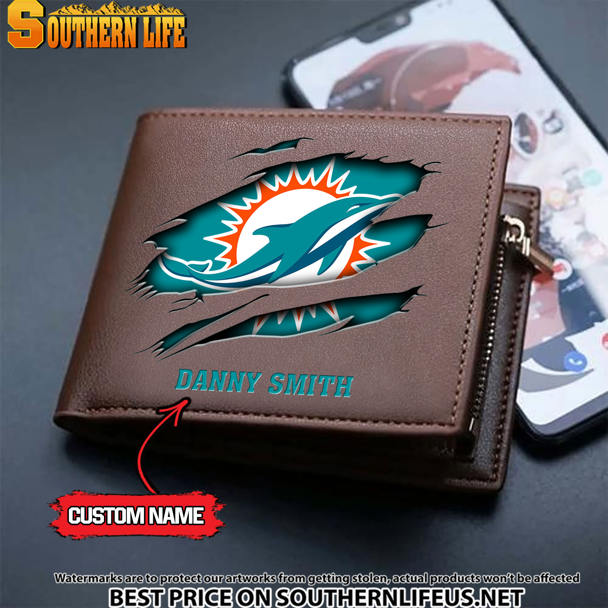 10 Miami Dolphins Men's Leather Wallet Custom Name - Image 3