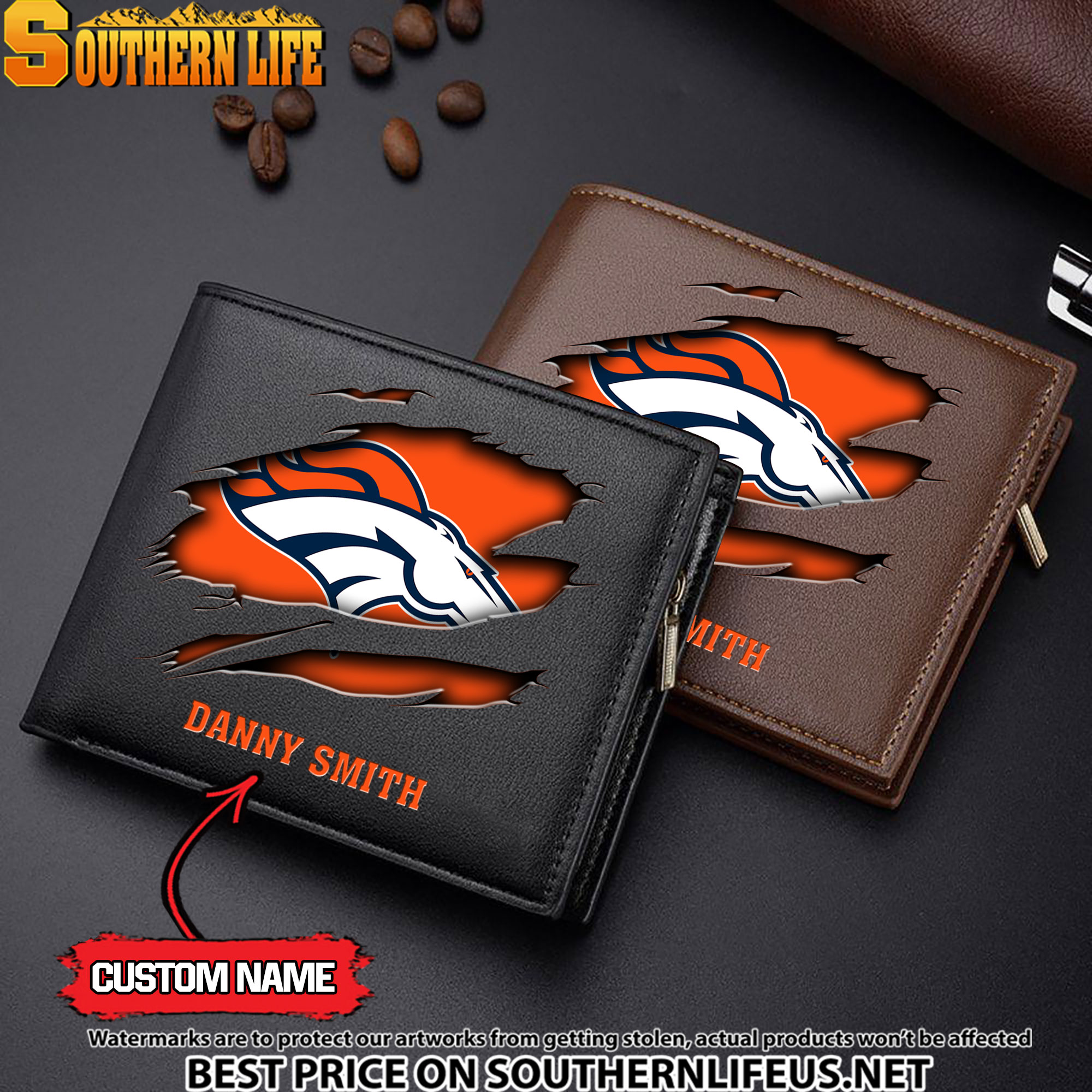 32 Denver Broncos Men’s Leather Wallet Custom Name