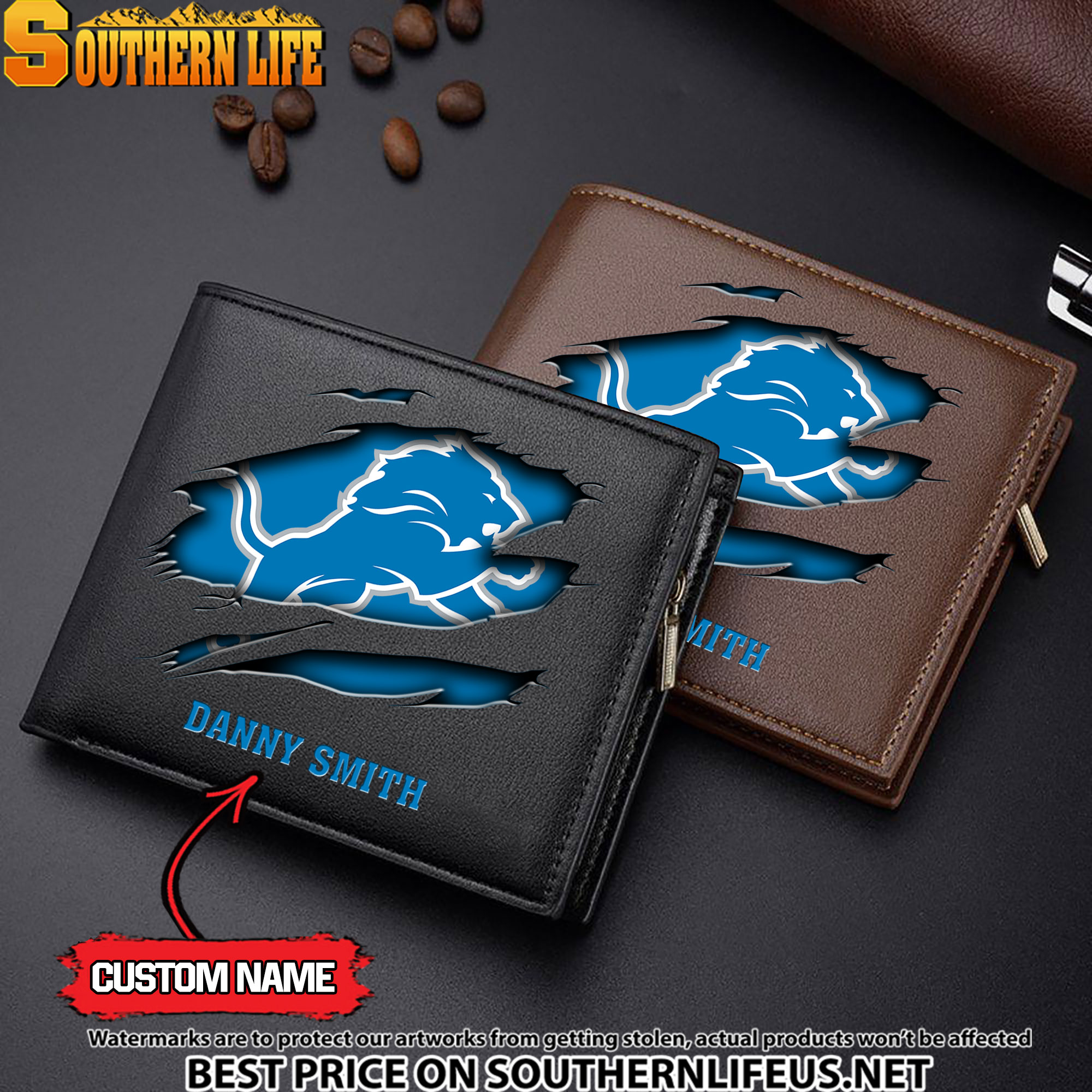 15 Detroit Lions Men’s Leather Wallet Custom Name