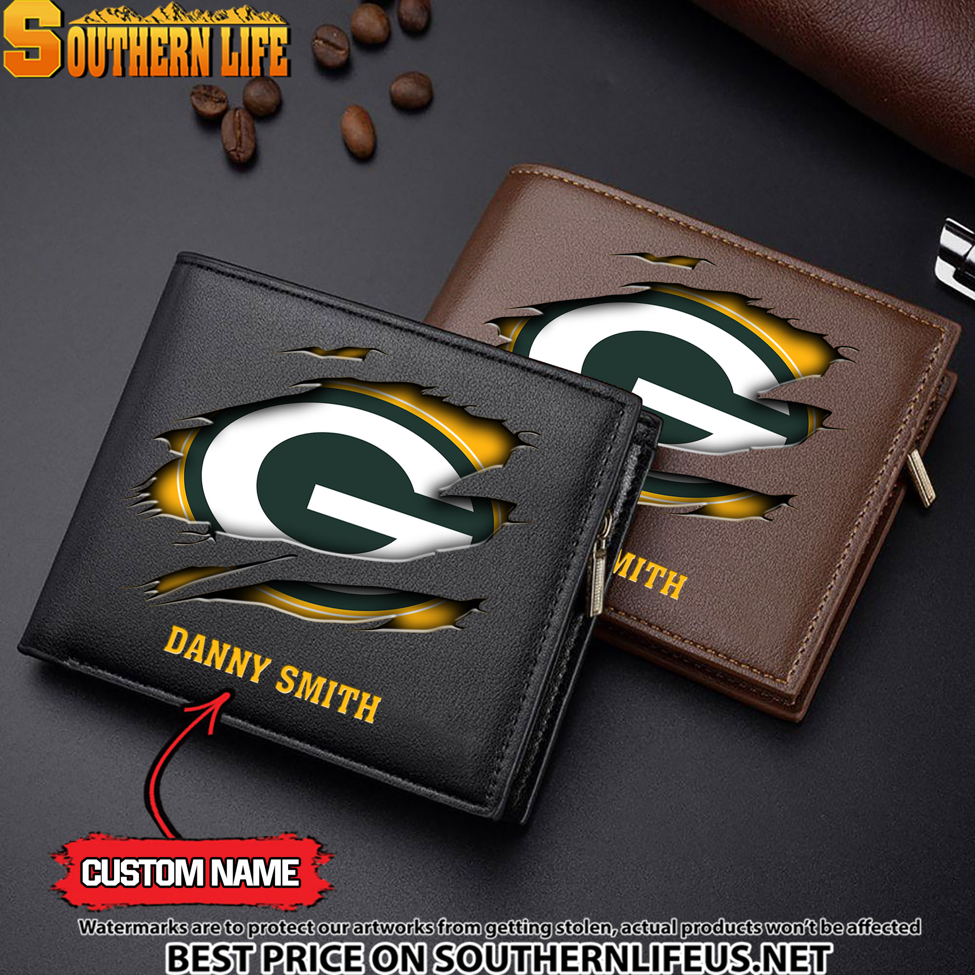 12 Green Bay Packers Men’s Leather Wallet Custom Name