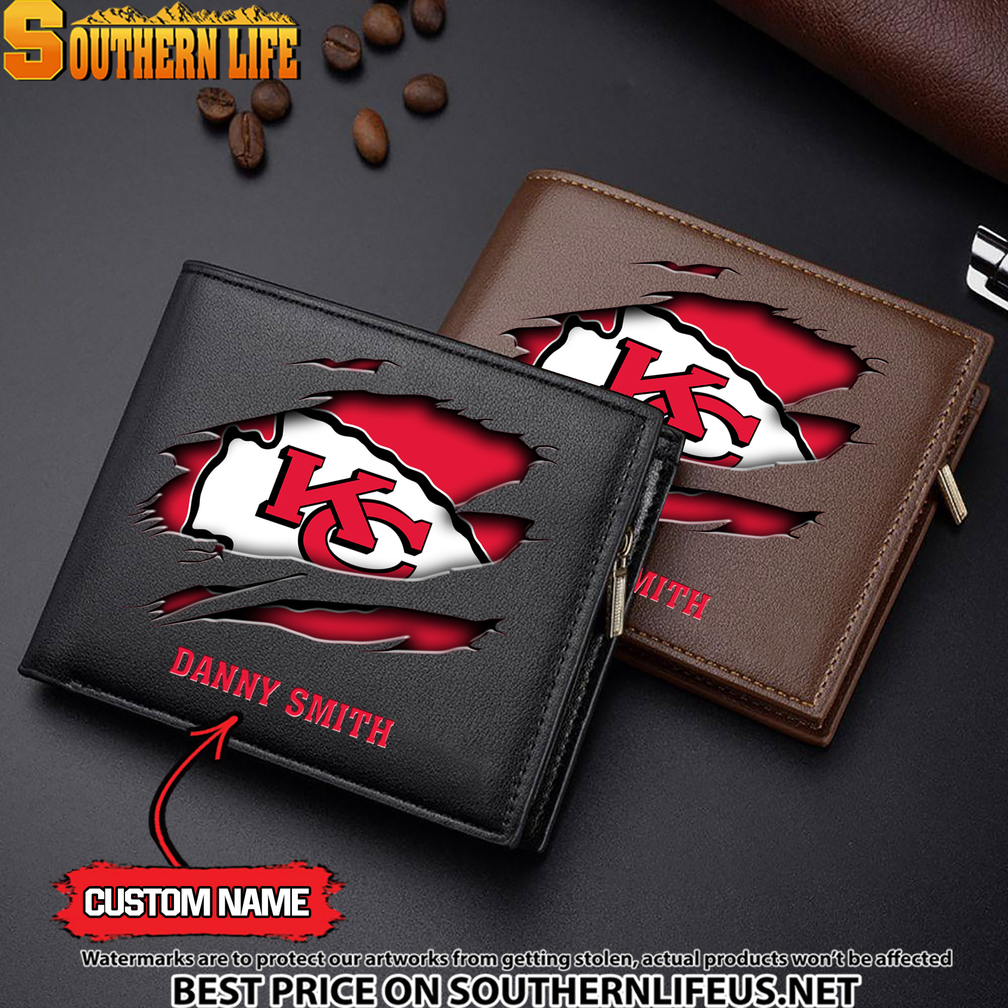 01 Kansas City Chiefs Men’s Leather Wallet Custom Name