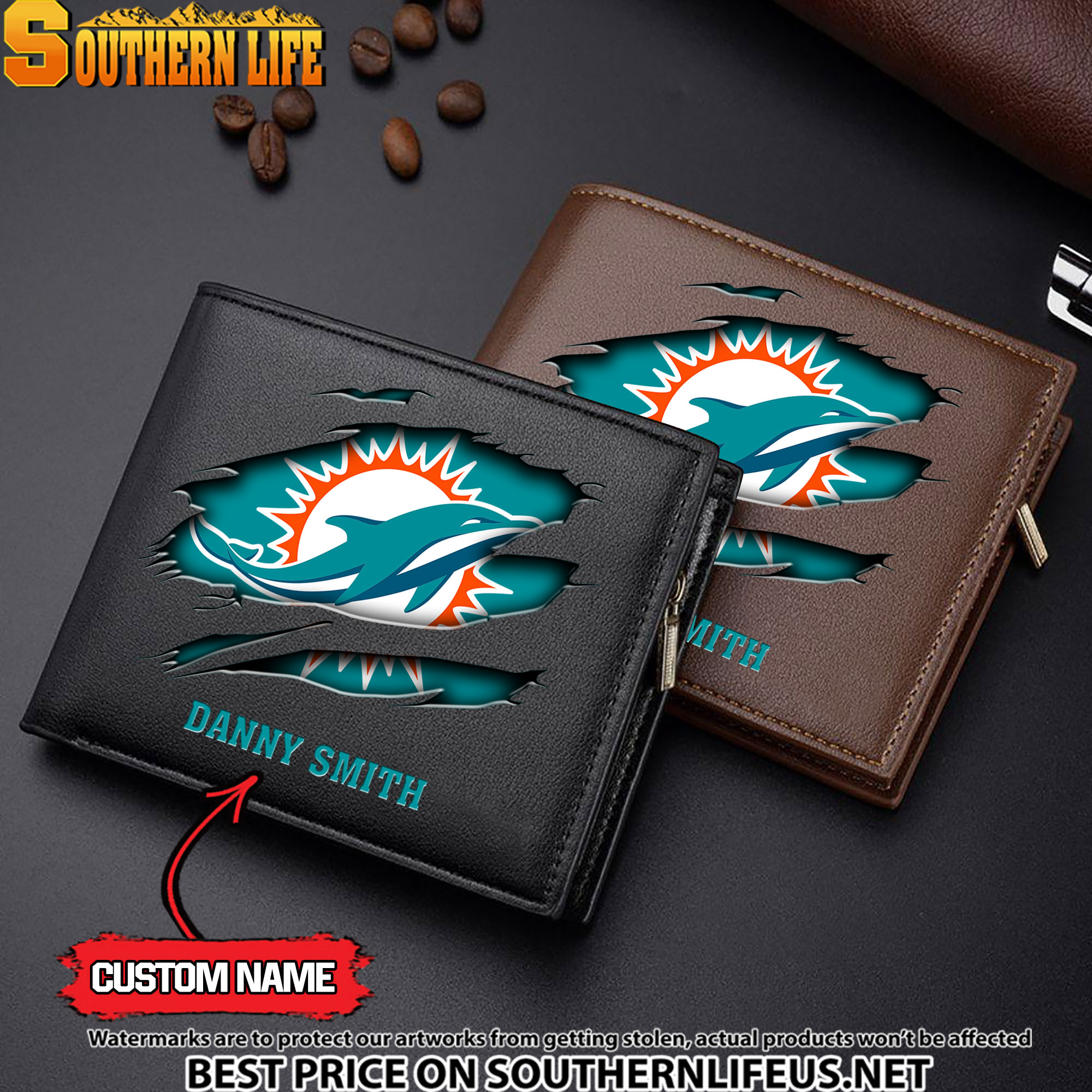 10 Miami Dolphins Men’s Leather Wallet Custom Name