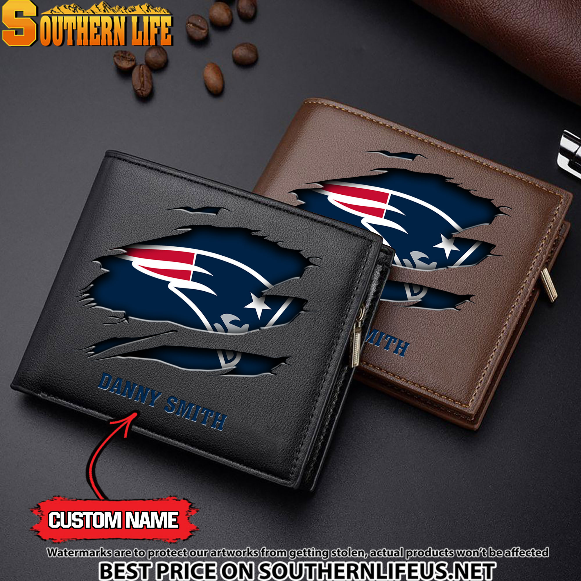 06 New England Patriots Men’s Leather Wallet Custom Name