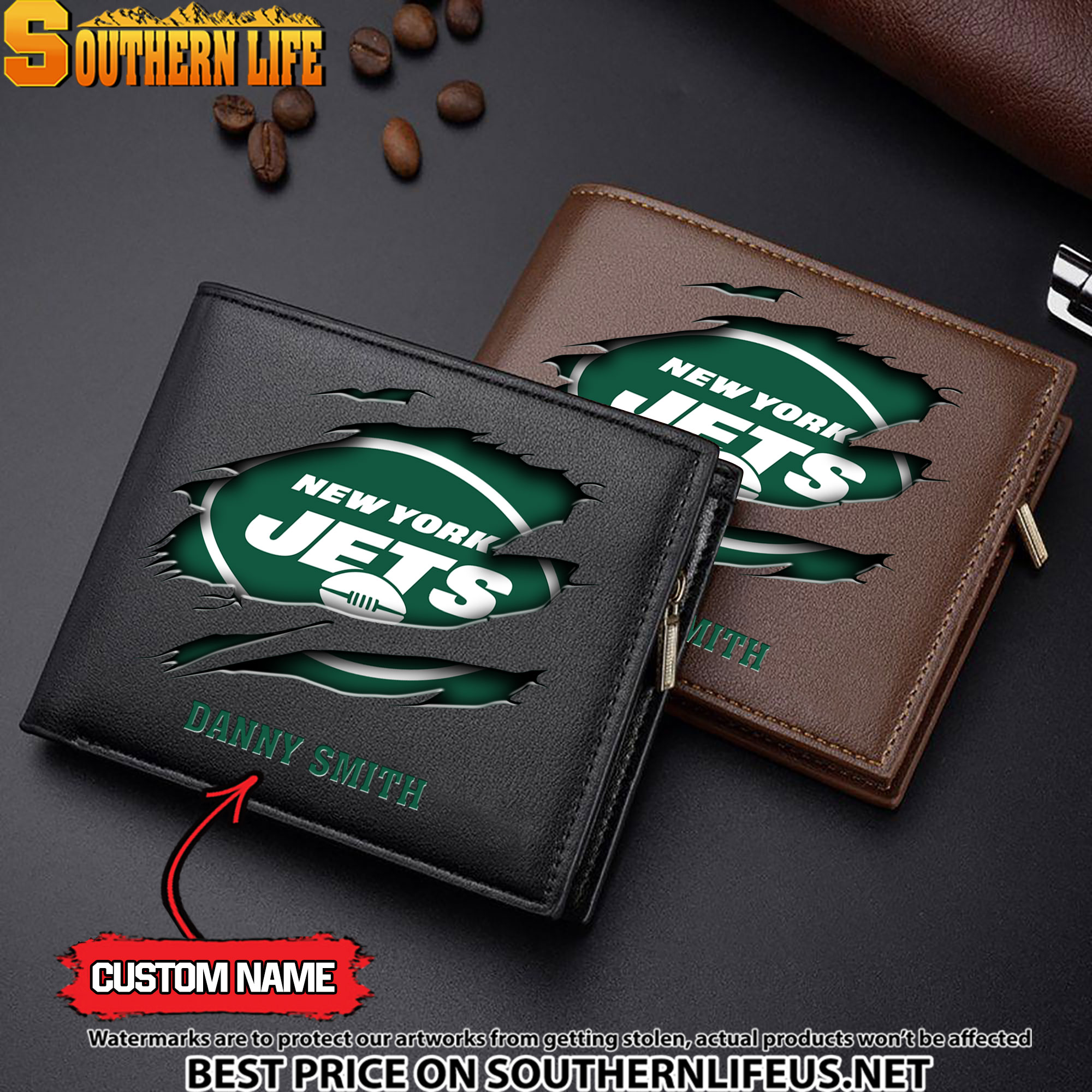 18 New York Jets Men’s Leather Wallet Custom Name