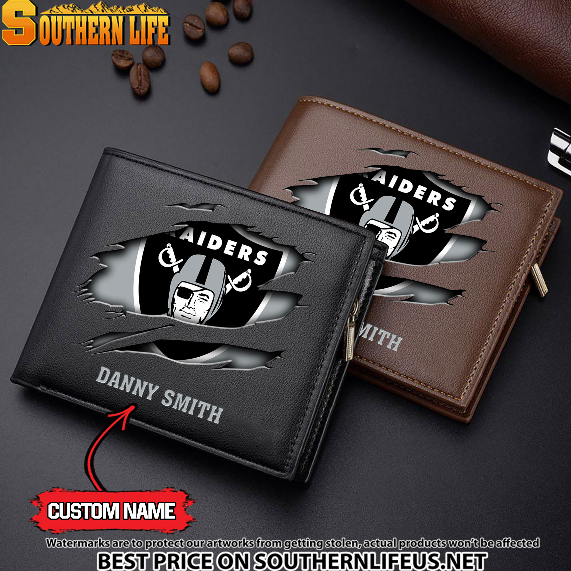 16 Las Vegas Raiders Men’s Leather Wallet Custom Name