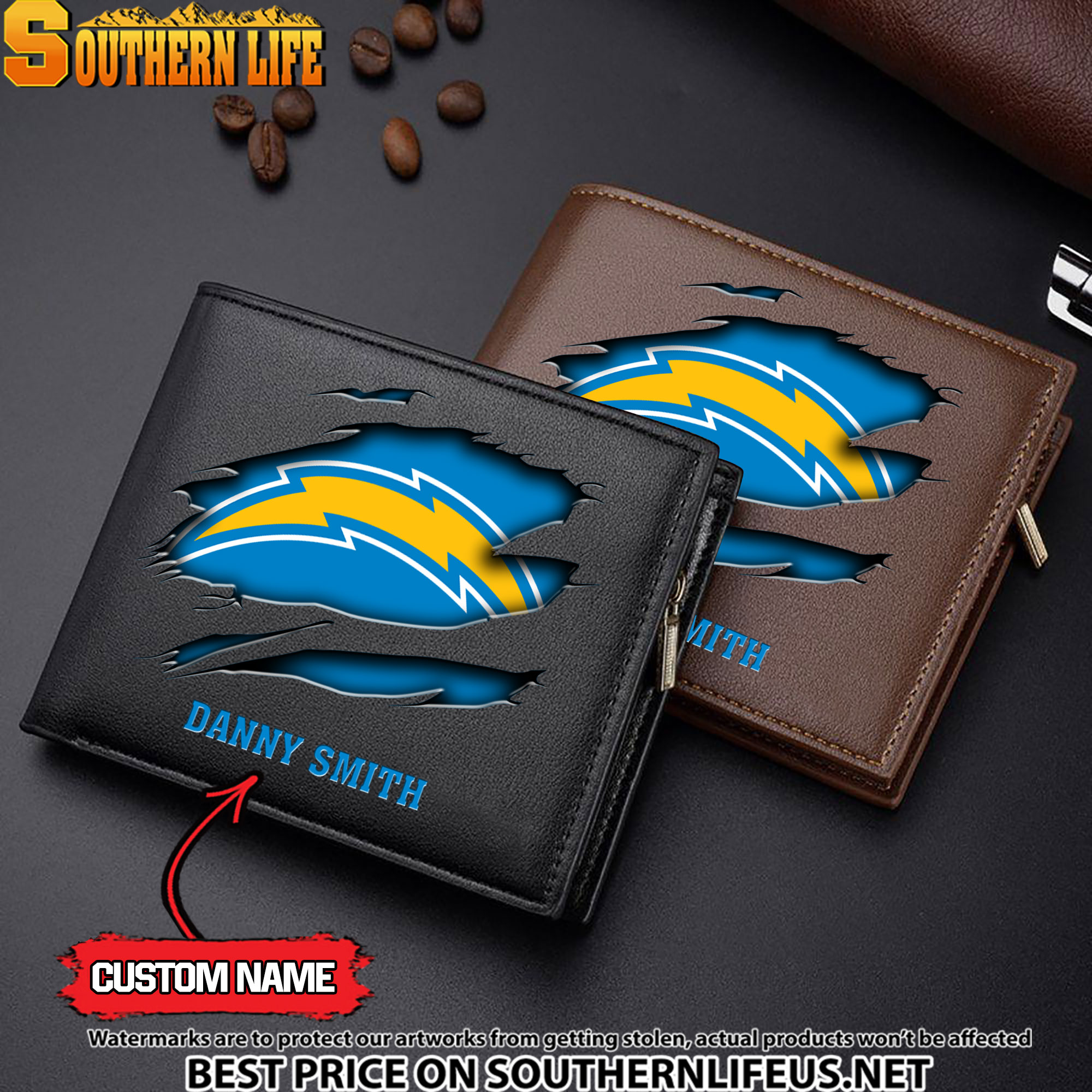 27 Los Angeles Chargers Men’s Leather Wallet Custom Name