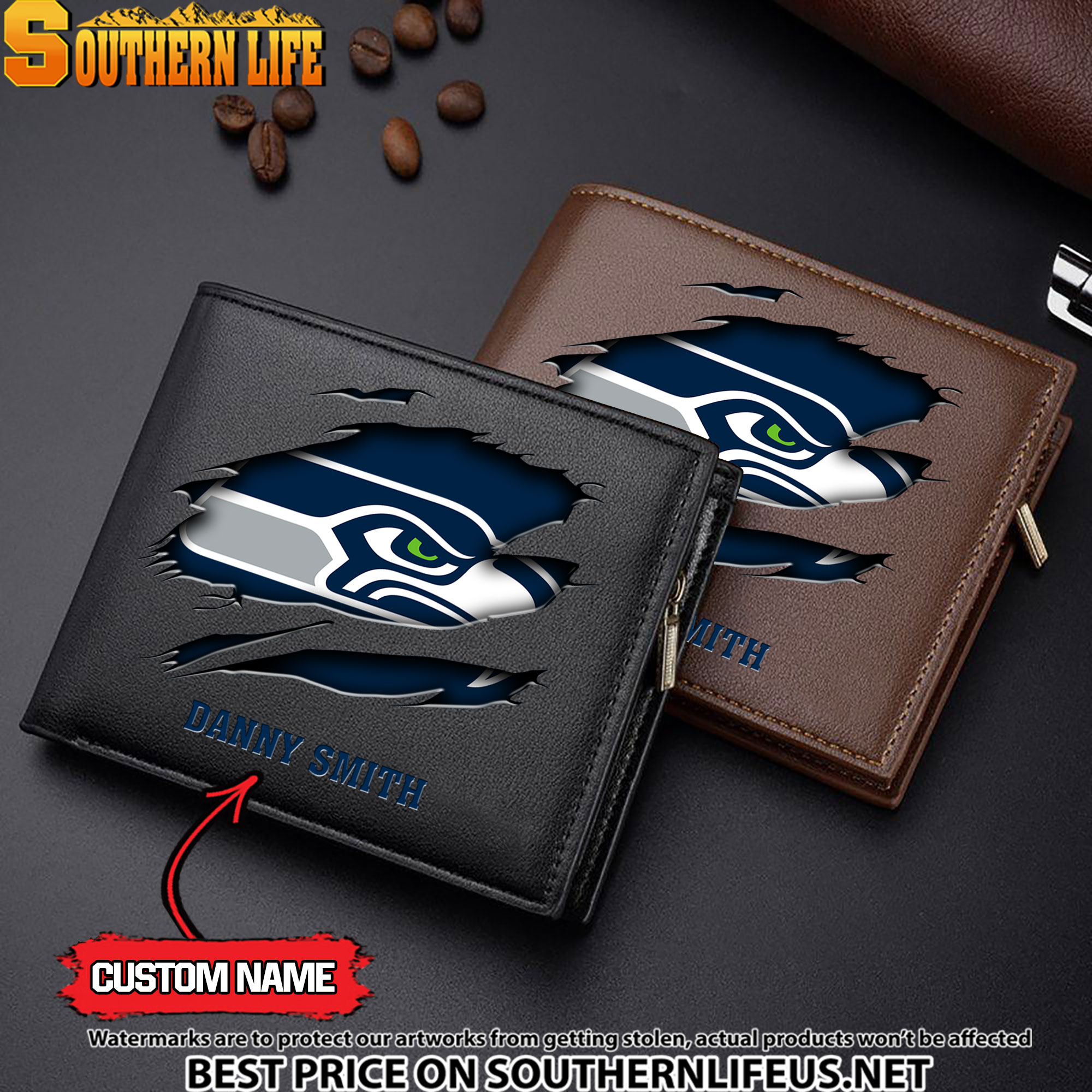 07 Seattle Seahawks Men’s Leather Wallet Custom Name