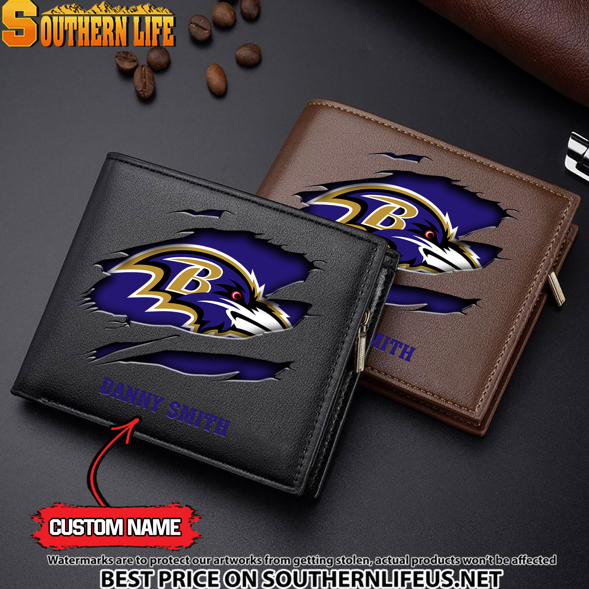 14 Baltimore Ravens Men’s Leather Wallet Custom Name