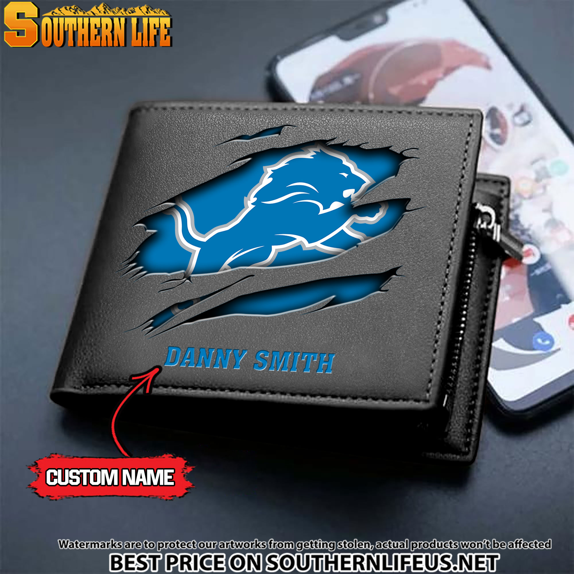 15 Detroit Lions Men's Leather Wallet Custom Name - Image 2
