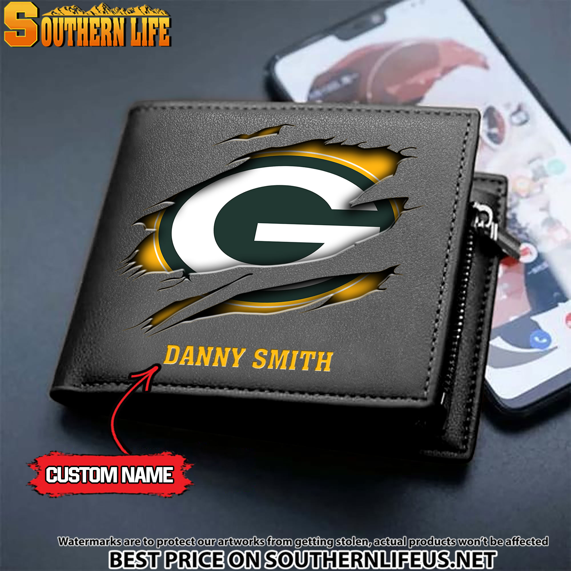 12 Green Bay Packers Men's Leather Wallet Custom Name - Image 2