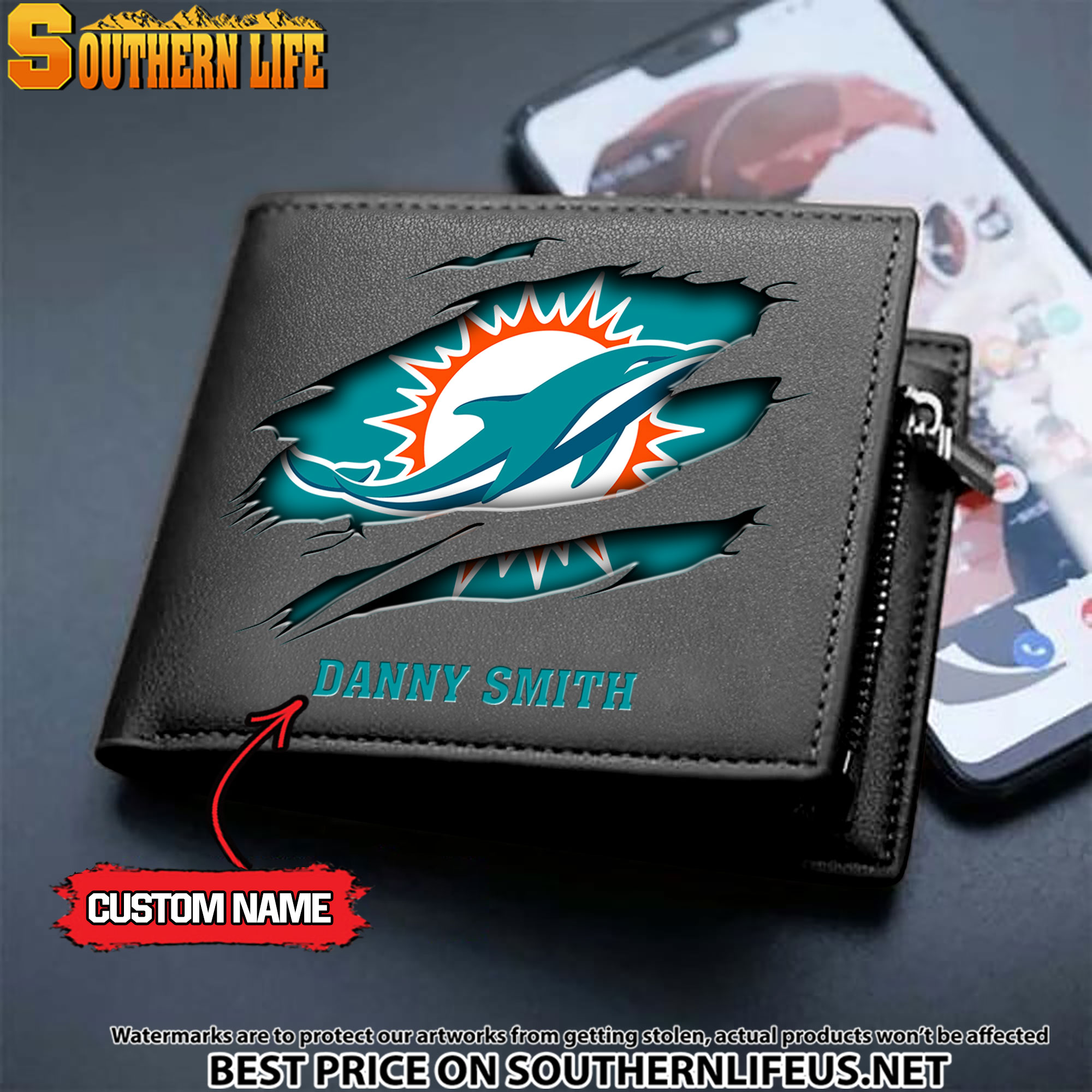 10 Miami Dolphins Men's Leather Wallet Custom Name - Image 2
