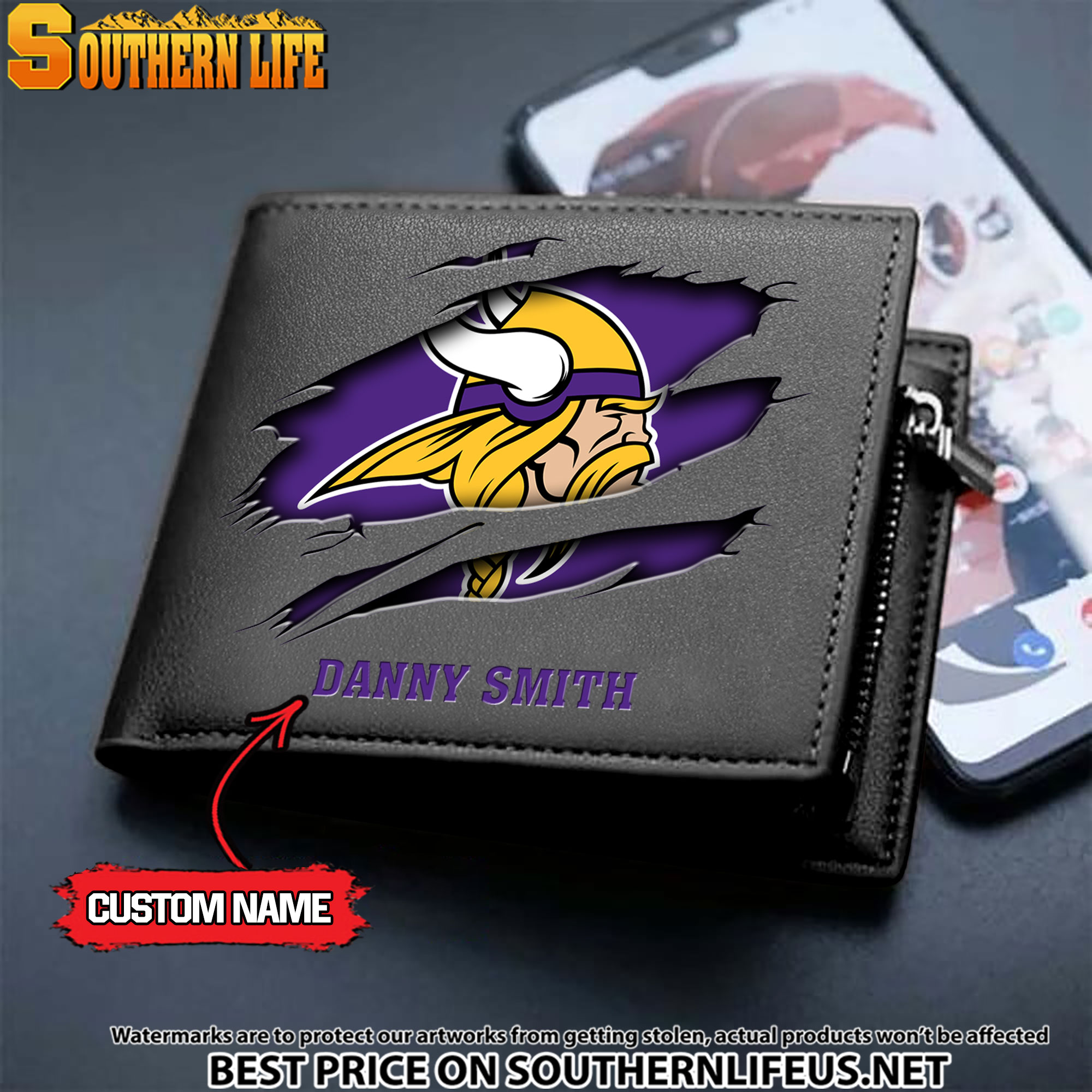 20 Minnesota Vikings Men's Leather Wallet Custom Name - Image 2