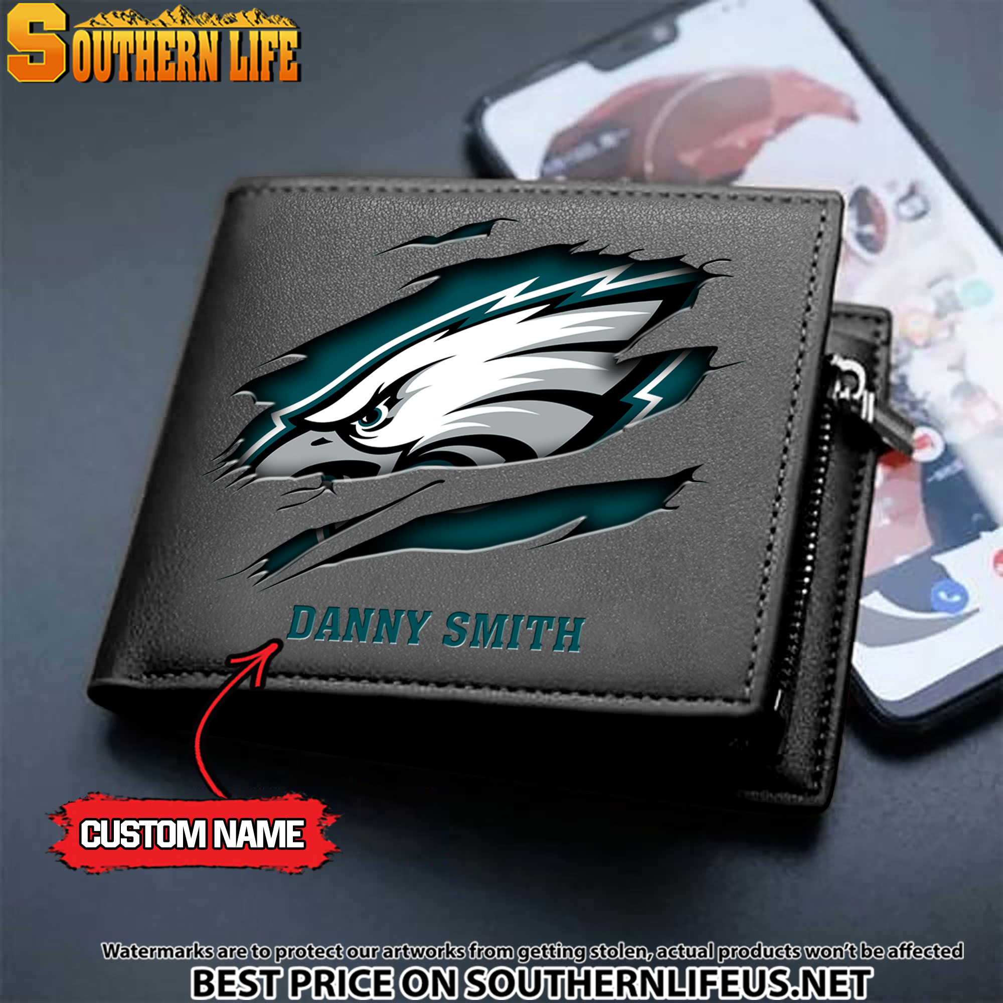 04 Philadelphia Eagles Men's Leather Wallet Custom Name - Image 2