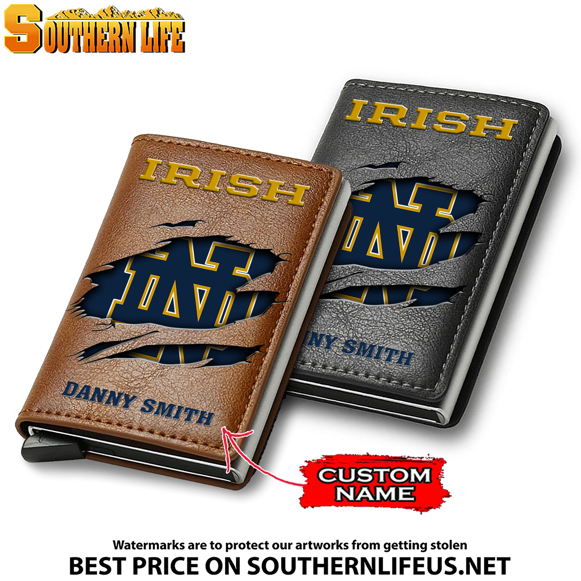 NCAA08 Notre Dame Fighting Irish Card Holder Leather Small Wallet – Anti RFID Blocking - Custom Name