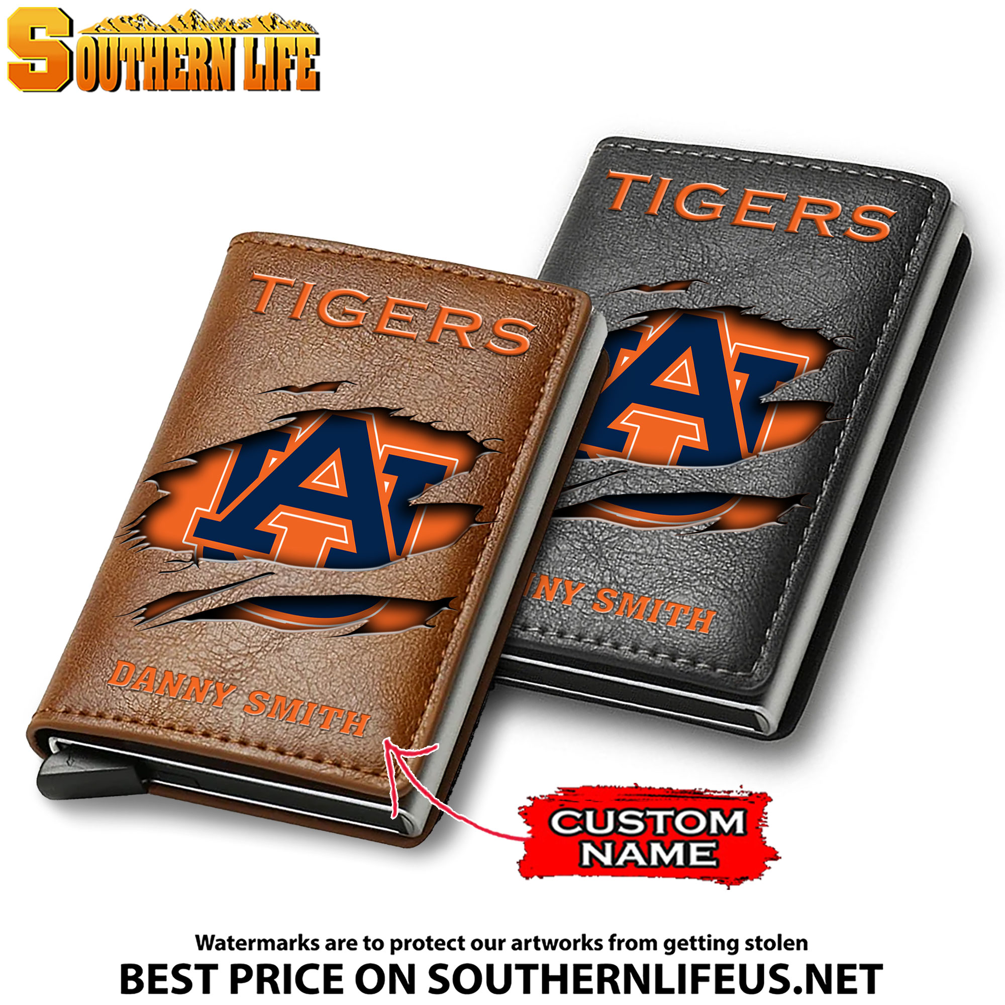 NCAA03 Auburn Tigers Card Holder Leather Small Wallet – Anti RFID Blocking - Custom Name