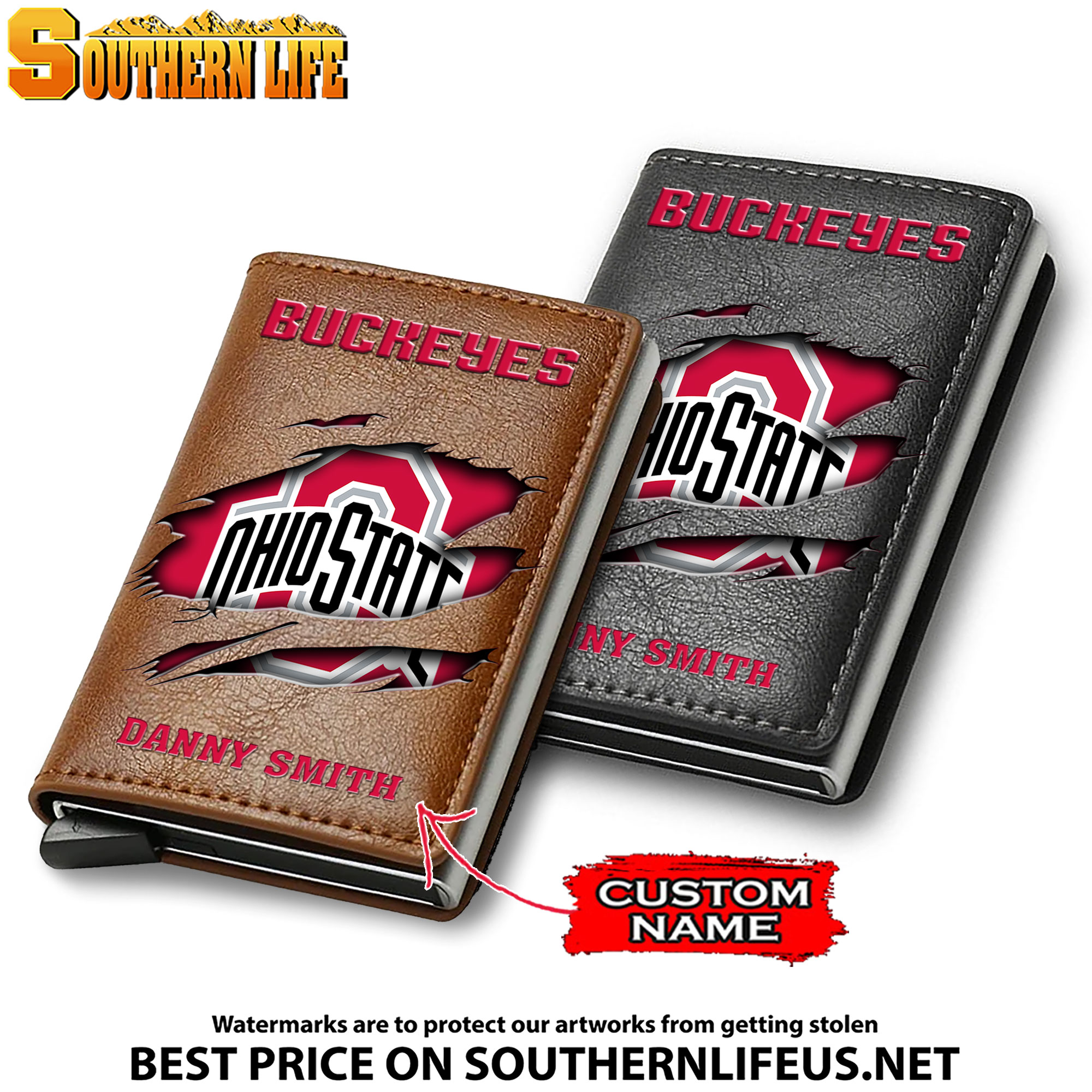 NCAA04 Ohio State Buckeyes Card Holder Leather Small Wallet – Anti RFID Blocking - Custom Name