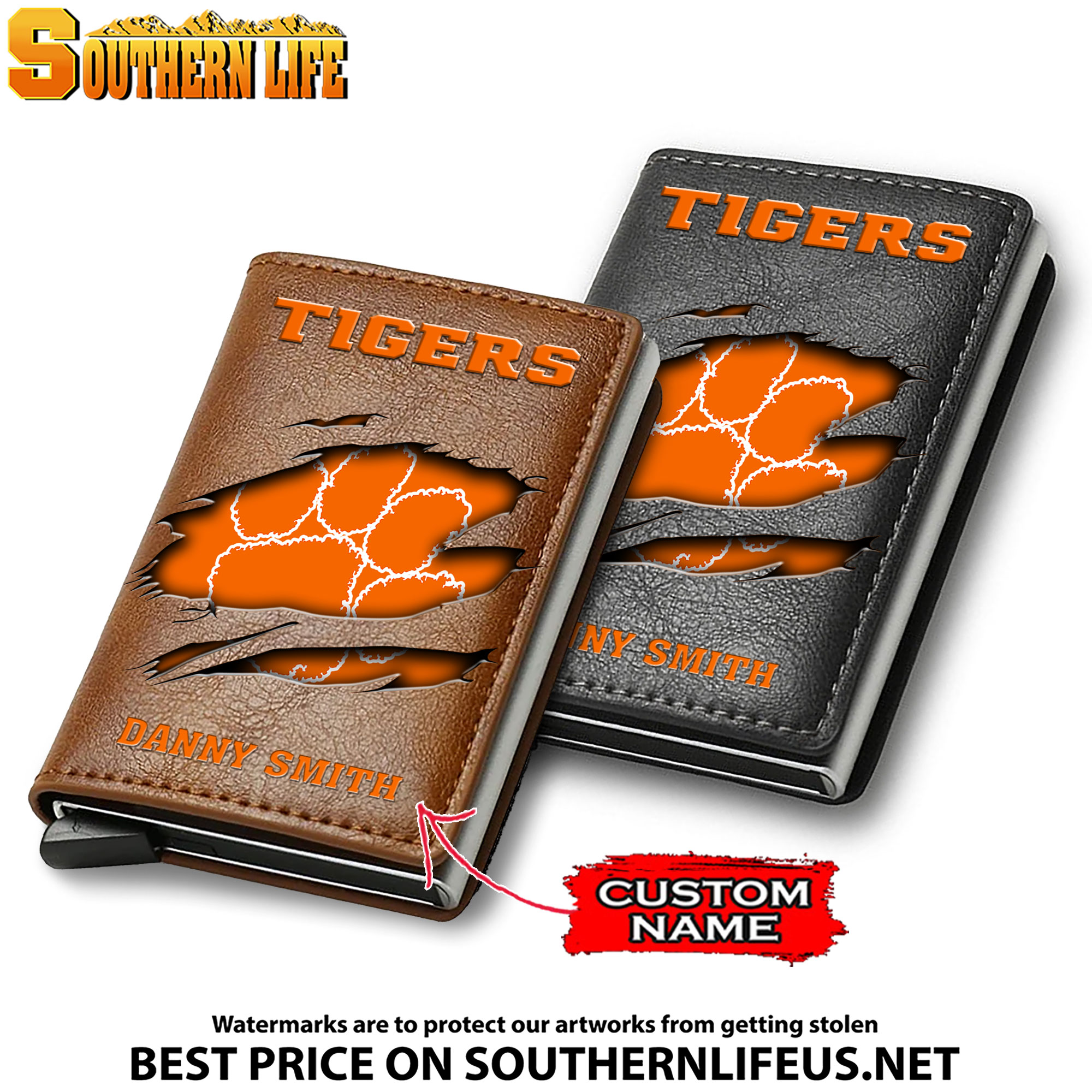 NCAA05 Clemson Tigers Card Holder Leather Small Wallet – Anti RFID Blocking - Custom Name