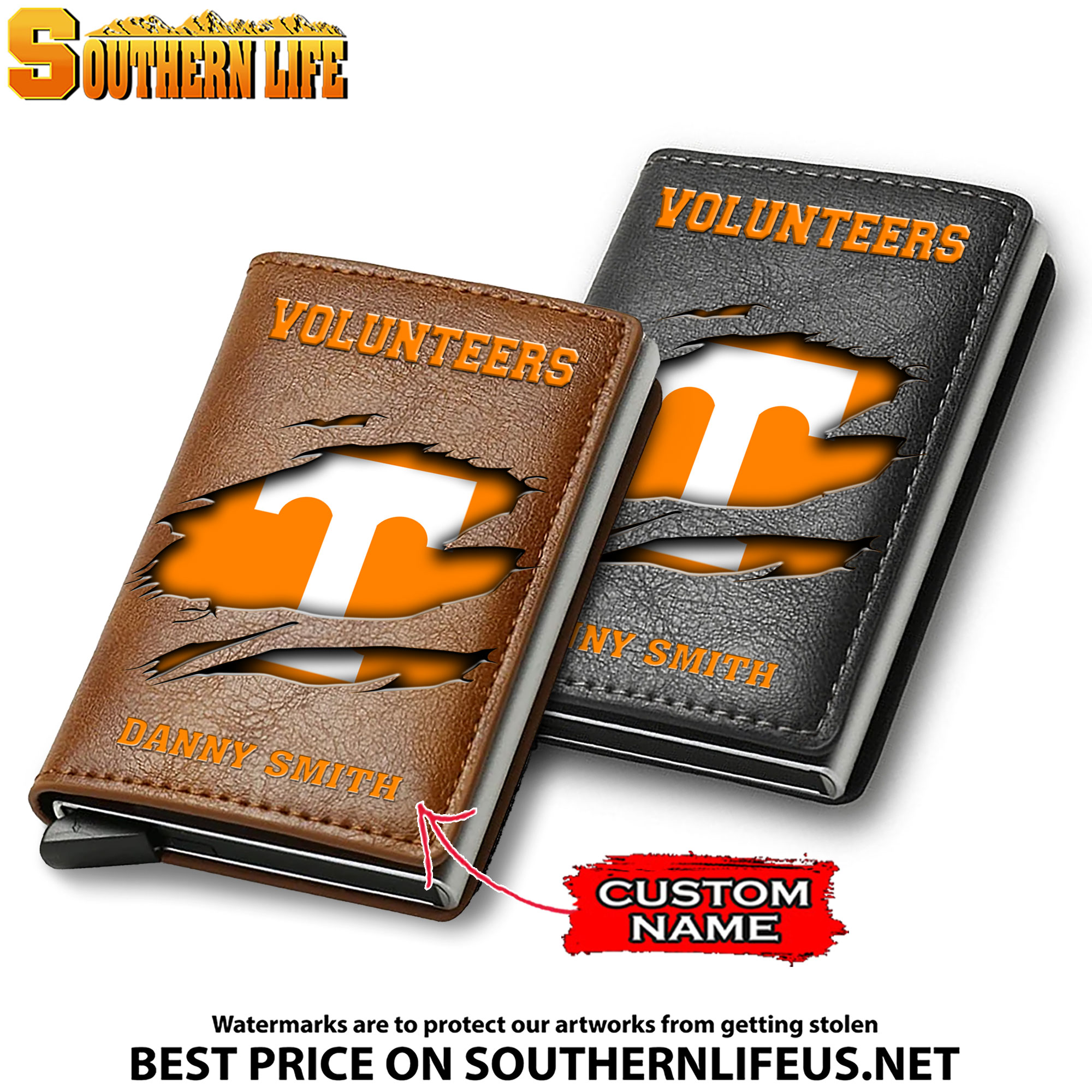 NCAA09 Tennessee Volunteers Card Holder Leather Small Wallet – Anti RFID Blocking - Custom Name