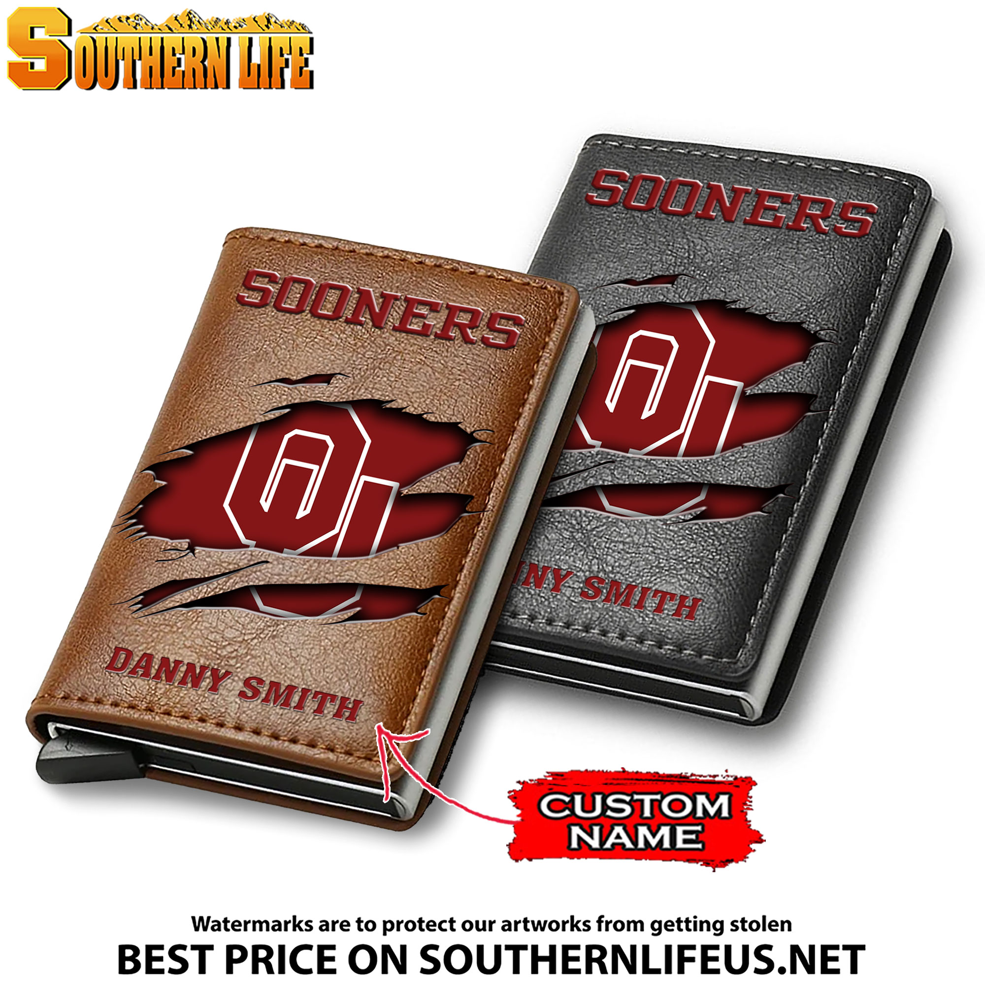 NCAA10 Oklahoma Sooners Card Holder Leather Small Wallet – Anti RFID Blocking - Custom Name