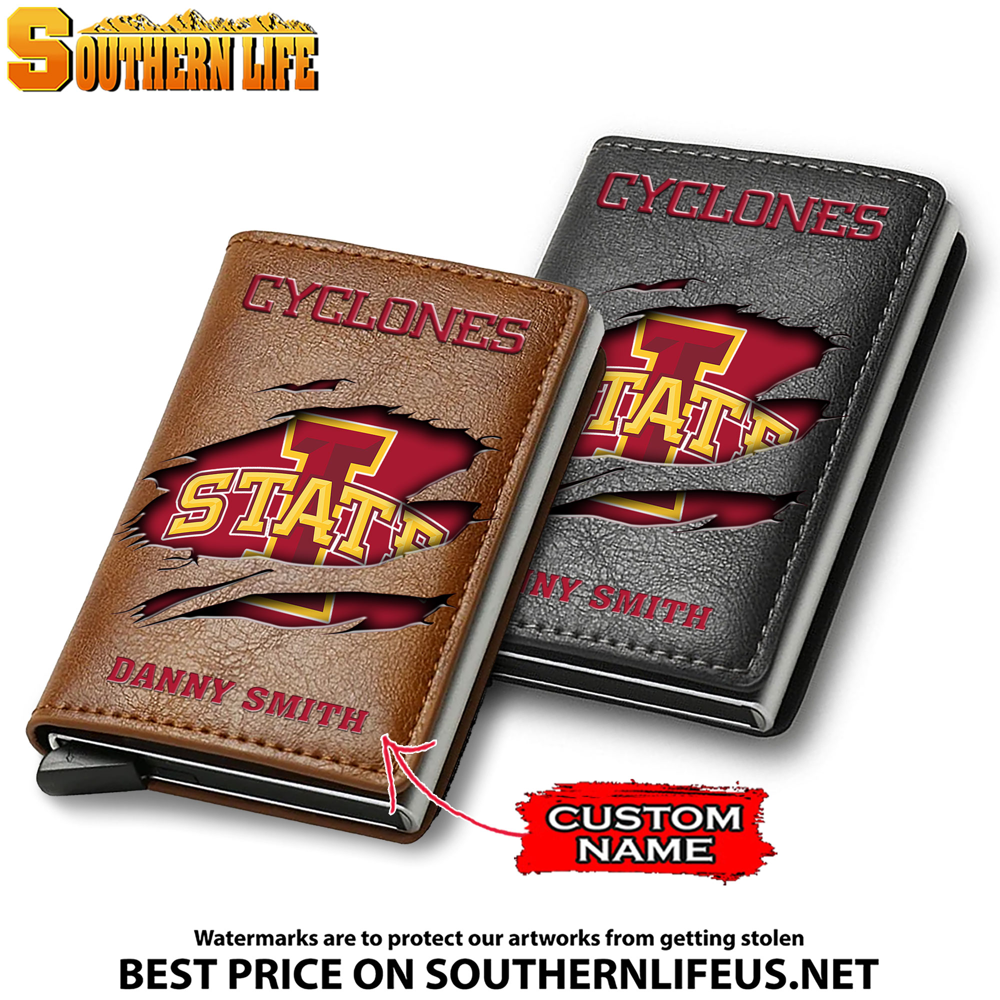 NCAA11 Iowa State Cyclones Card Holder Leather Small Wallet – Anti RFID Blocking - Custom Name