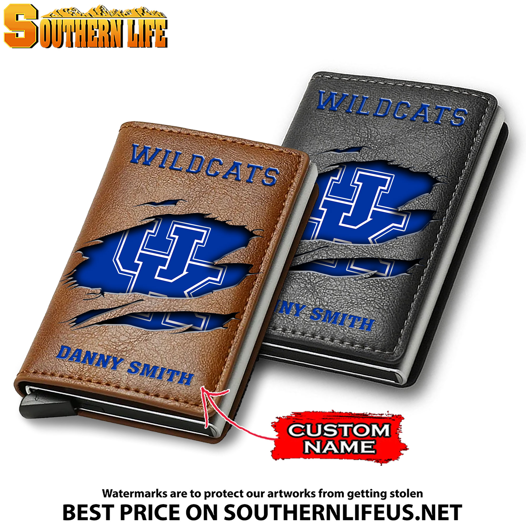 NCAA12 Kentucky Wildcats Tide Card Holder Leather Small Wallet – Anti RFID Blocking - Custom Name