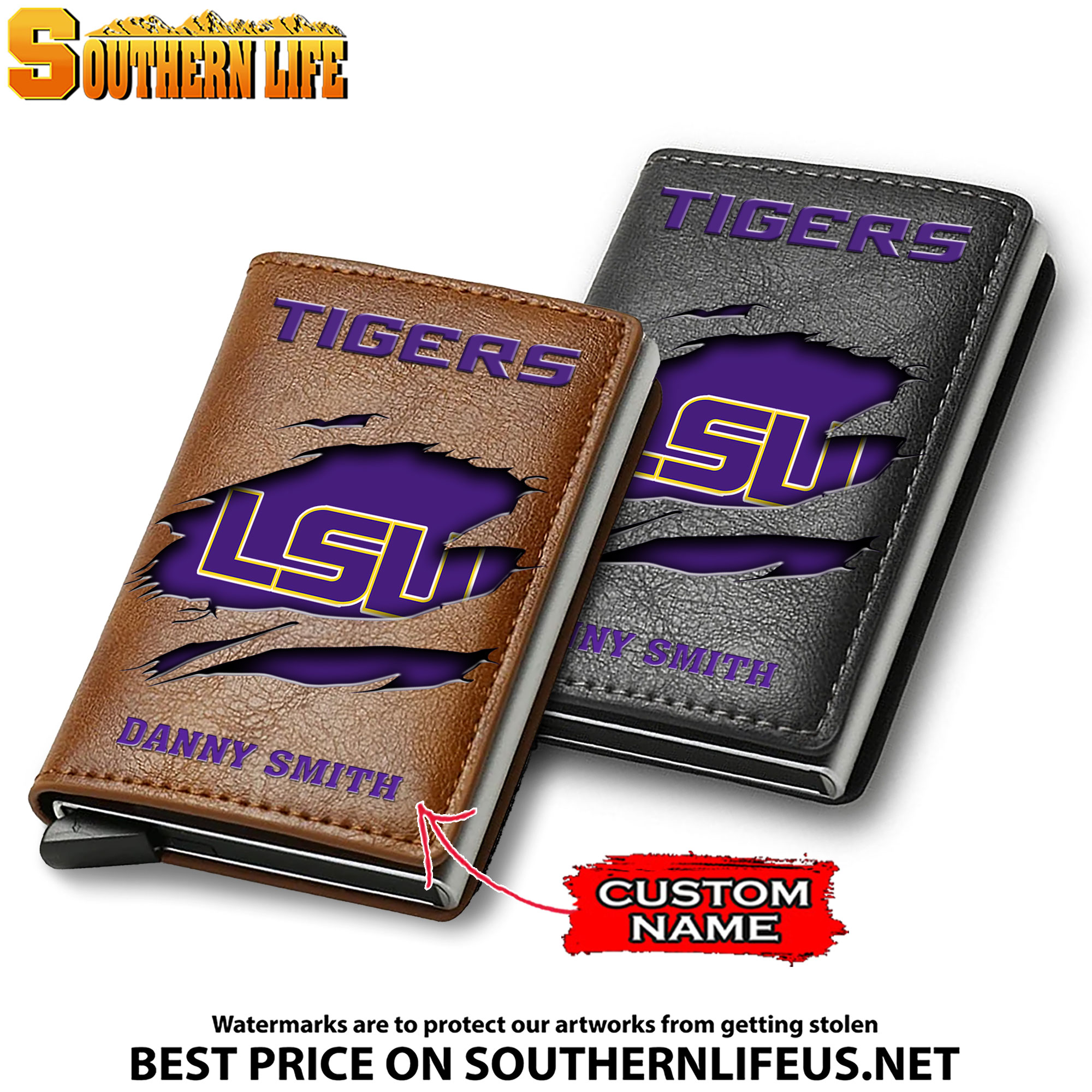 NCAA13 LSU Tigers Tide Card Holder Leather Small Wallet – Anti RFID Blocking - Custom Name