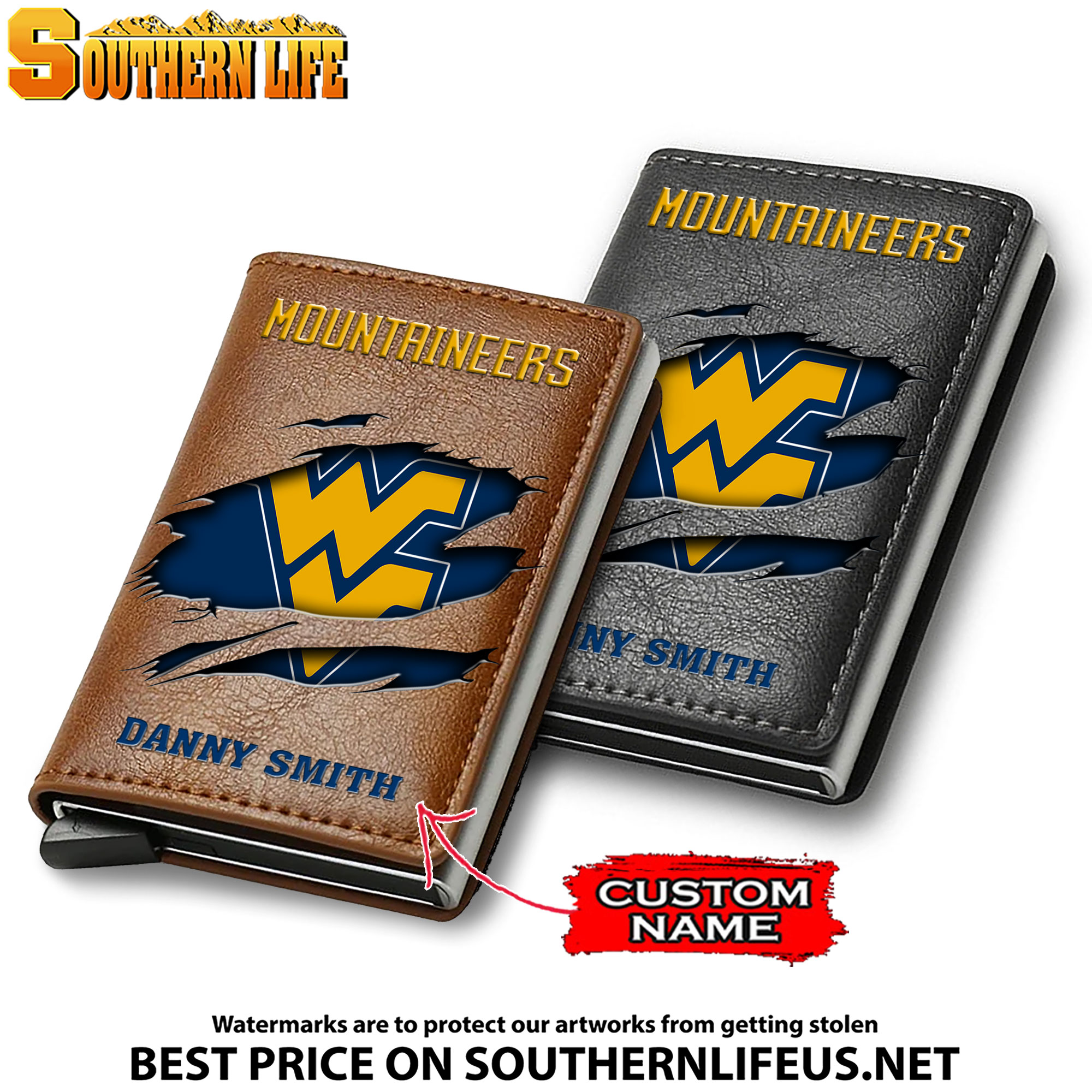 NCAA14 West Virginia Mountaineers Tide Card Holder Leather Small Wallet – Anti RFID Blocking - Custom Name