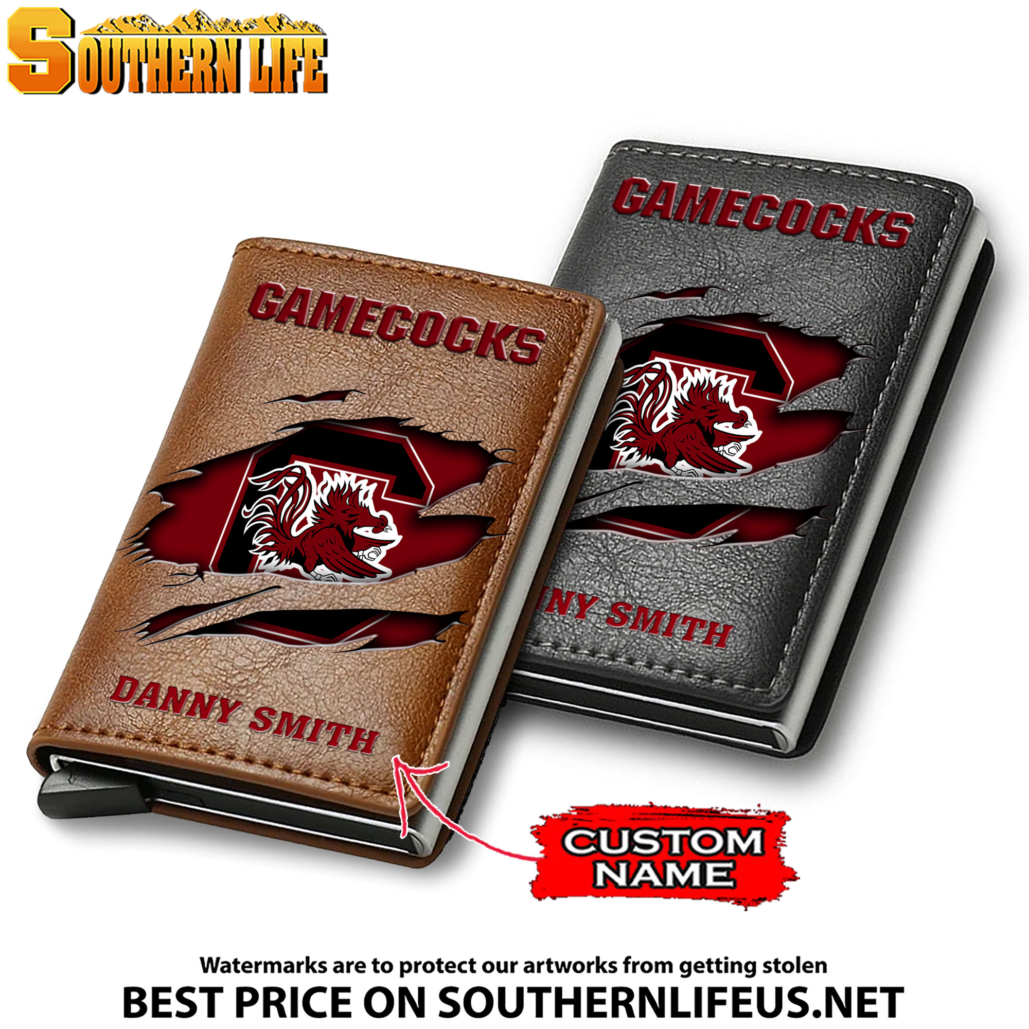 NCAA15 South Carolina Gamecocks Tide Card Holder Leather Small Wallet – Anti RFID Blocking - Custom Name